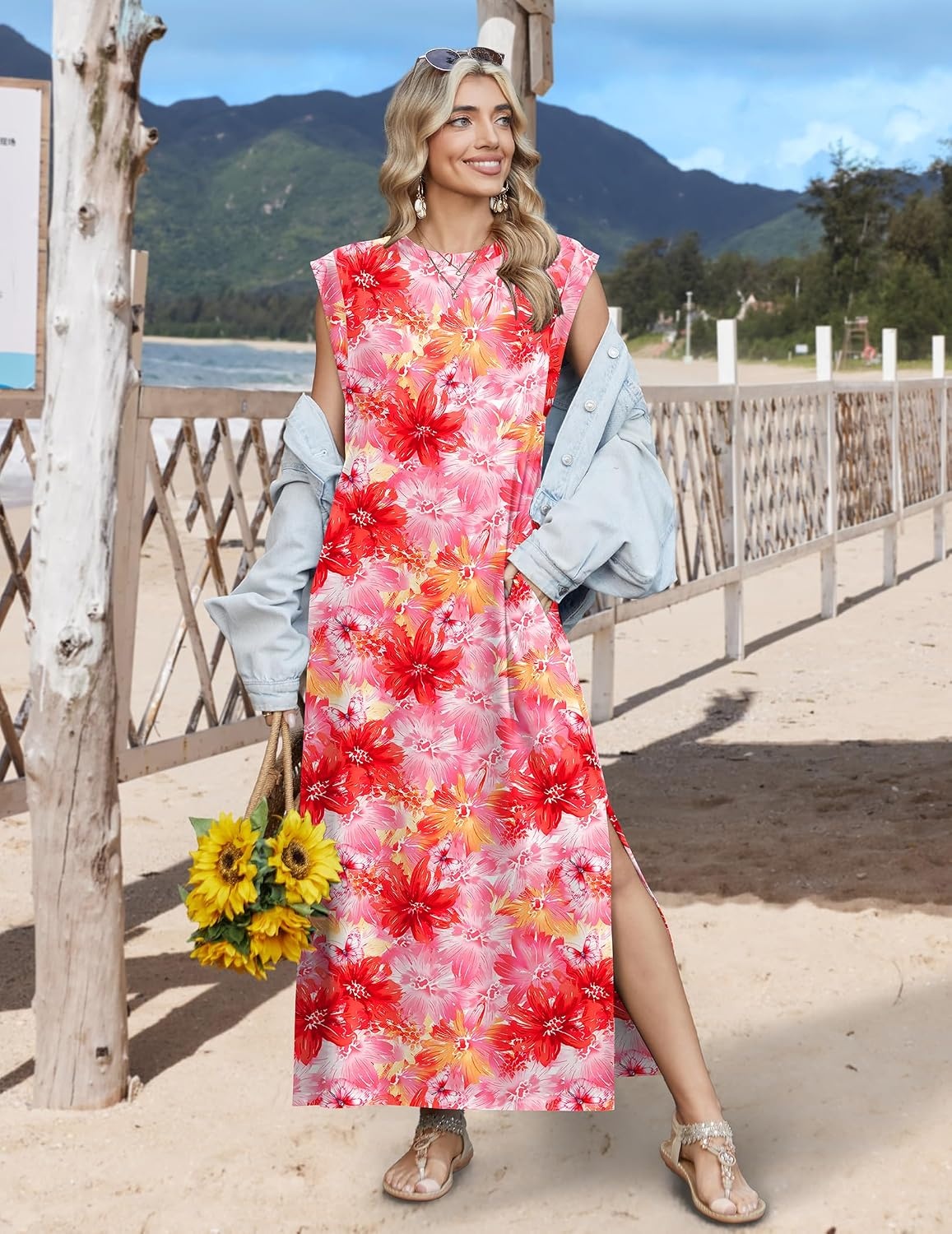 image:imageZeagoo Summer Dresses for Women 2026 Long Maxi Sundresses Loose Split WrinkleFree Beach Travel Vacation ClothesRed Flowers