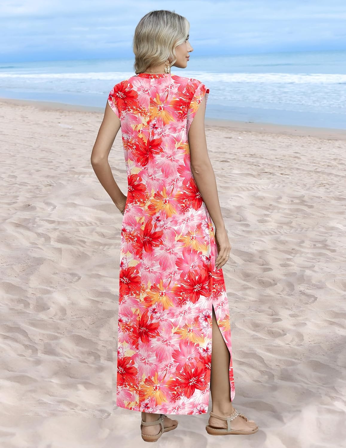 image:imageZeagoo Summer Dresses for Women 2026 Long Maxi Sundresses Loose Split WrinkleFree Beach Travel Vacation ClothesRed Flowers