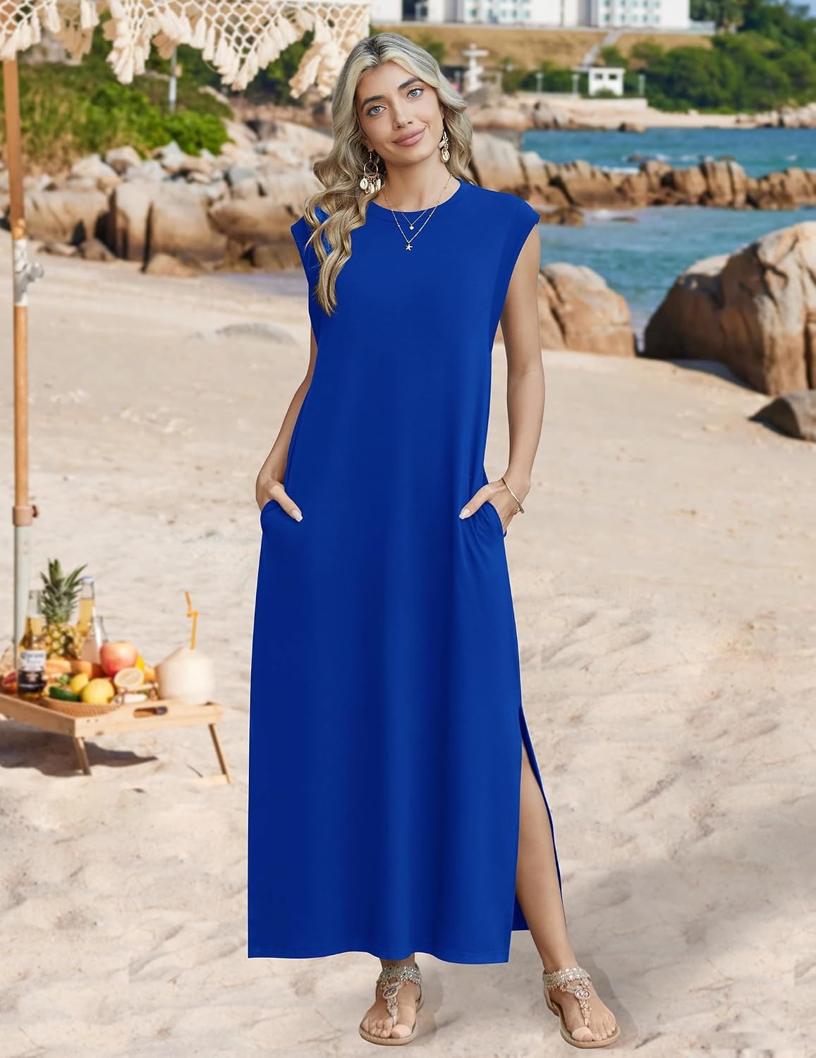 image:imageZeagoo Summer Dresses for Women 2026 Long Maxi Sundresses Loose Split WrinkleFree Beach Travel Vacation ClothesRoyal Blue