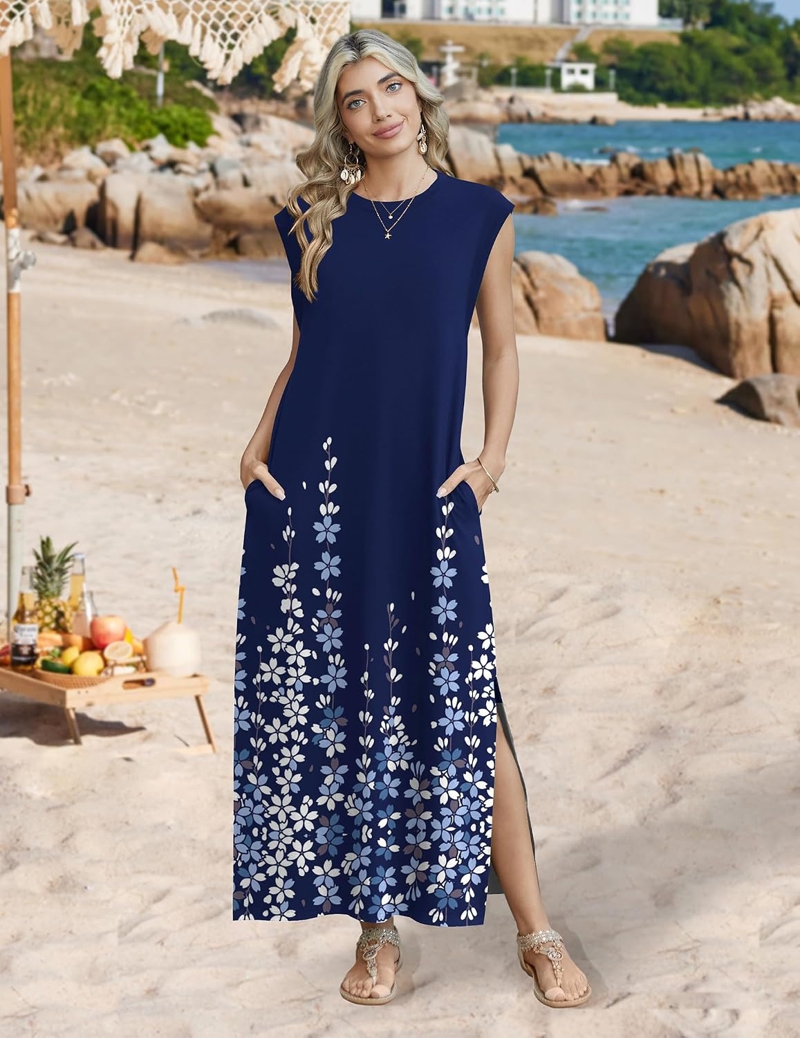 image:imageZeagoo Summer Dresses for Women 2026 Long Maxi Sundresses Loose Split WrinkleFree Beach Travel Vacation ClothesSf119