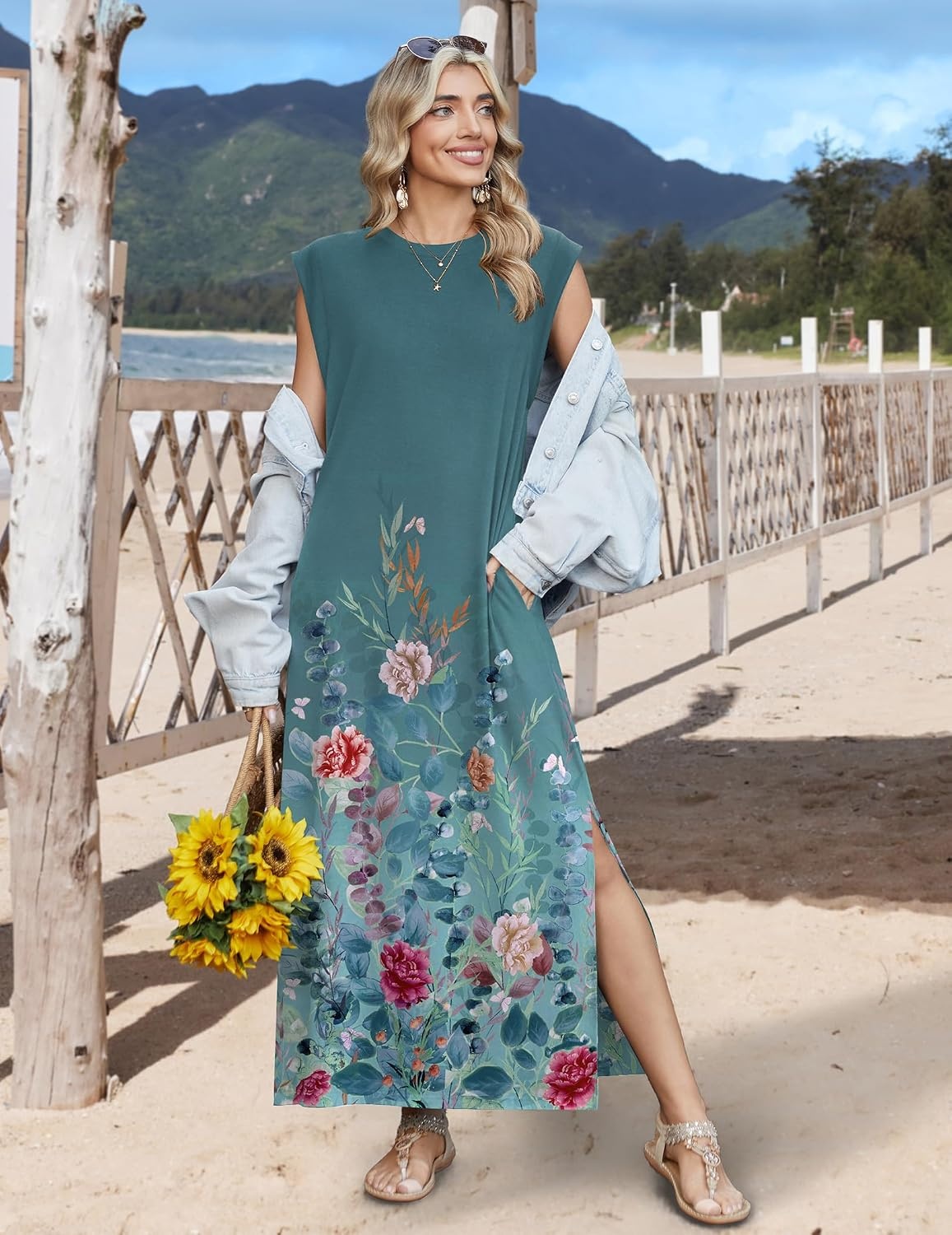 image:imageZeagoo Summer Dresses for Women 2026 Long Maxi Sundresses Loose Split WrinkleFree Beach Travel Vacation ClothesWf115