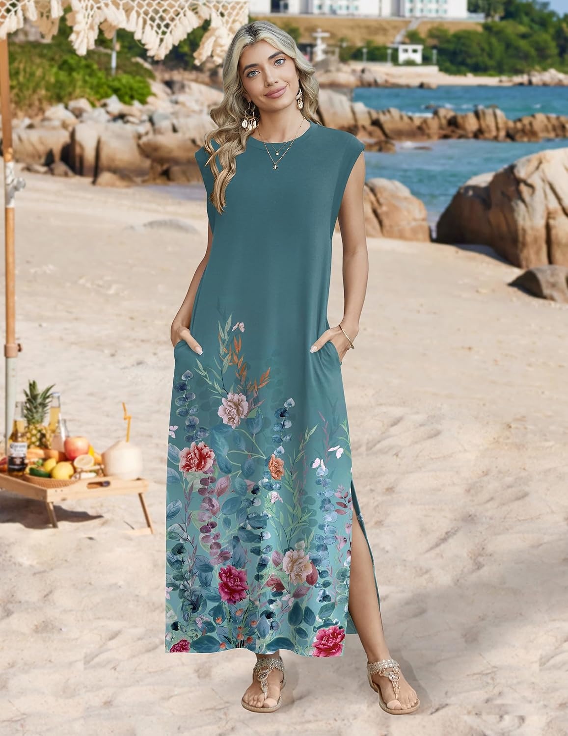 image:imageZeagoo Summer Dresses for Women 2026 Long Maxi Sundresses Loose Split WrinkleFree Beach Travel Vacation ClothesWf115