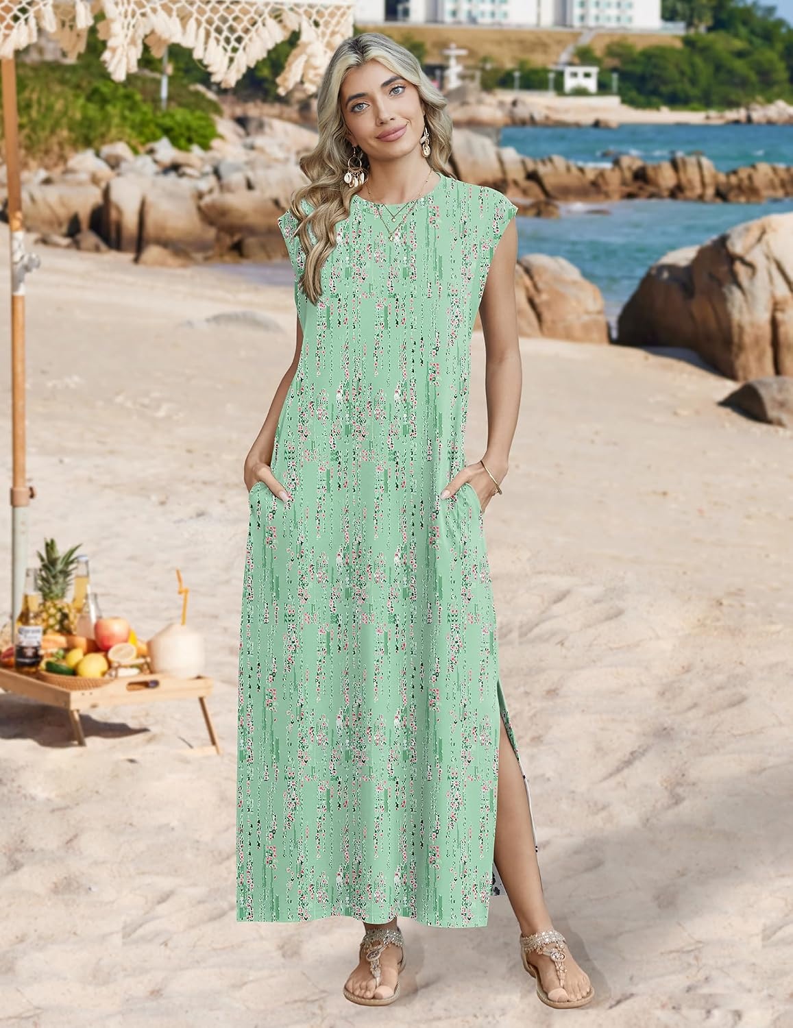 image:imageZeagoo Summer Dresses for Women 2026 Long Maxi Sundresses Loose Split WrinkleFree Beach Travel Vacation ClothesWf25