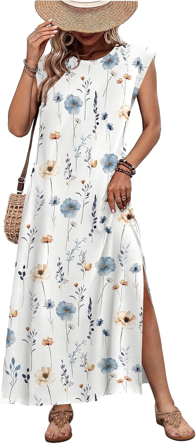 image:imageZeagoo Summer Dresses for Women 2026 Long Maxi Sundresses Loose Split WrinkleFree Beach Travel Vacation ClothesWhite Flowers
