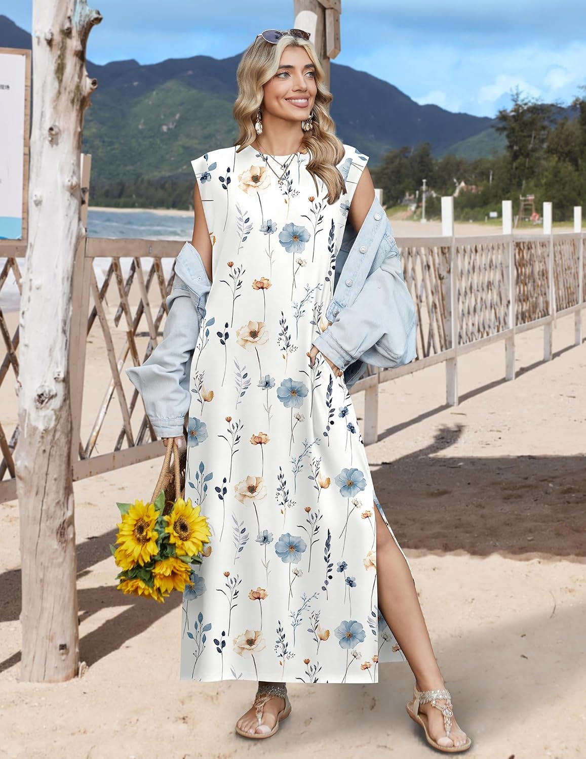 image:imageZeagoo Summer Dresses for Women 2026 Long Maxi Sundresses Loose Split WrinkleFree Beach Travel Vacation ClothesWhite Flowers