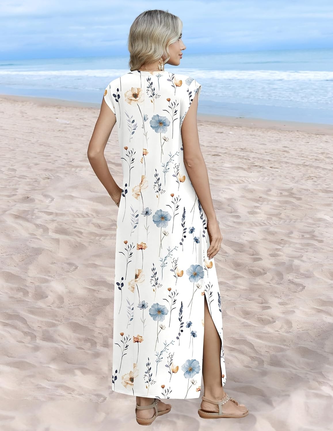 image:imageZeagoo Summer Dresses for Women 2026 Long Maxi Sundresses Loose Split WrinkleFree Beach Travel Vacation ClothesWhite Flowers