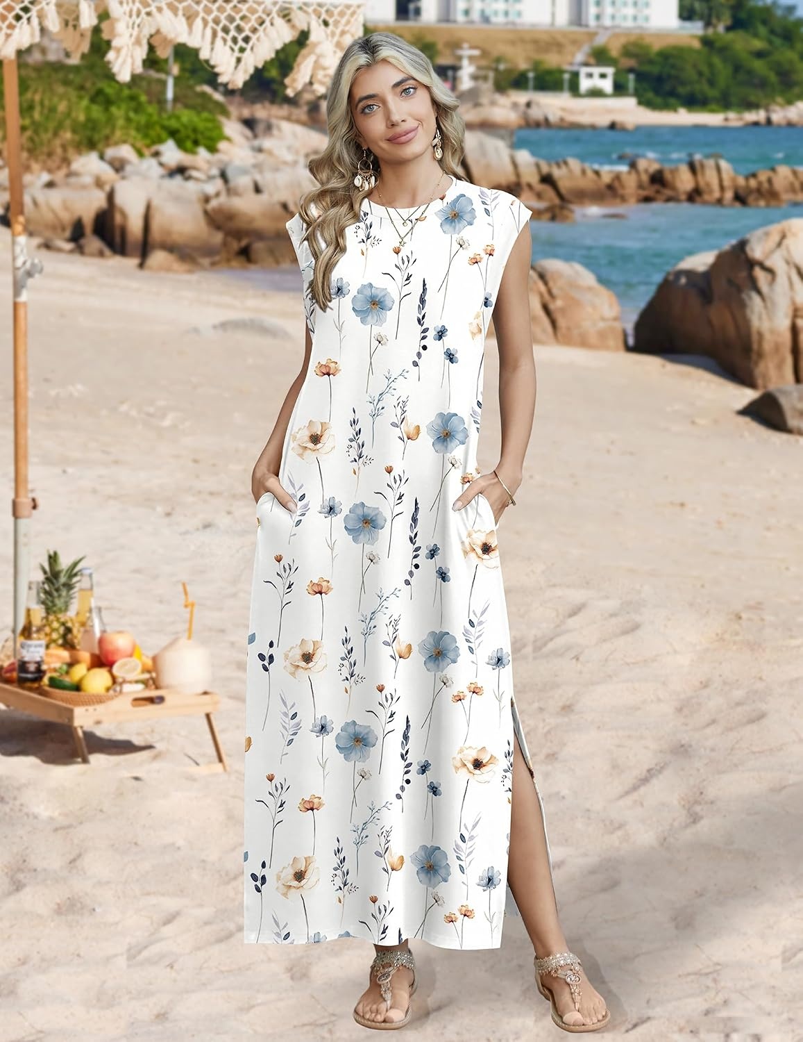 image:imageZeagoo Summer Dresses for Women 2026 Long Maxi Sundresses Loose Split WrinkleFree Beach Travel Vacation ClothesWhite Flowers