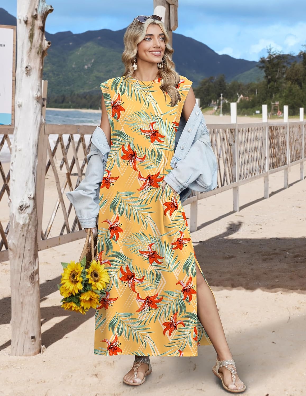 image:imageZeagoo Summer Dresses for Women 2026 Long Maxi Sundresses Loose Split WrinkleFree Beach Travel Vacation ClothesYellow Palm Leaf