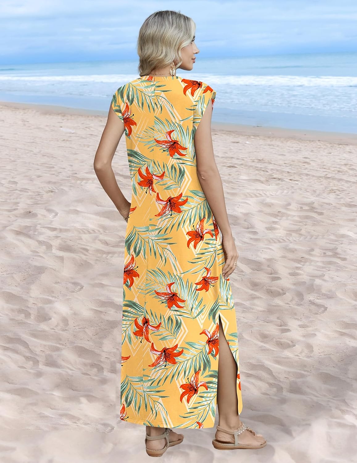 image:imageZeagoo Summer Dresses for Women 2026 Long Maxi Sundresses Loose Split WrinkleFree Beach Travel Vacation ClothesYellow Palm Leaf