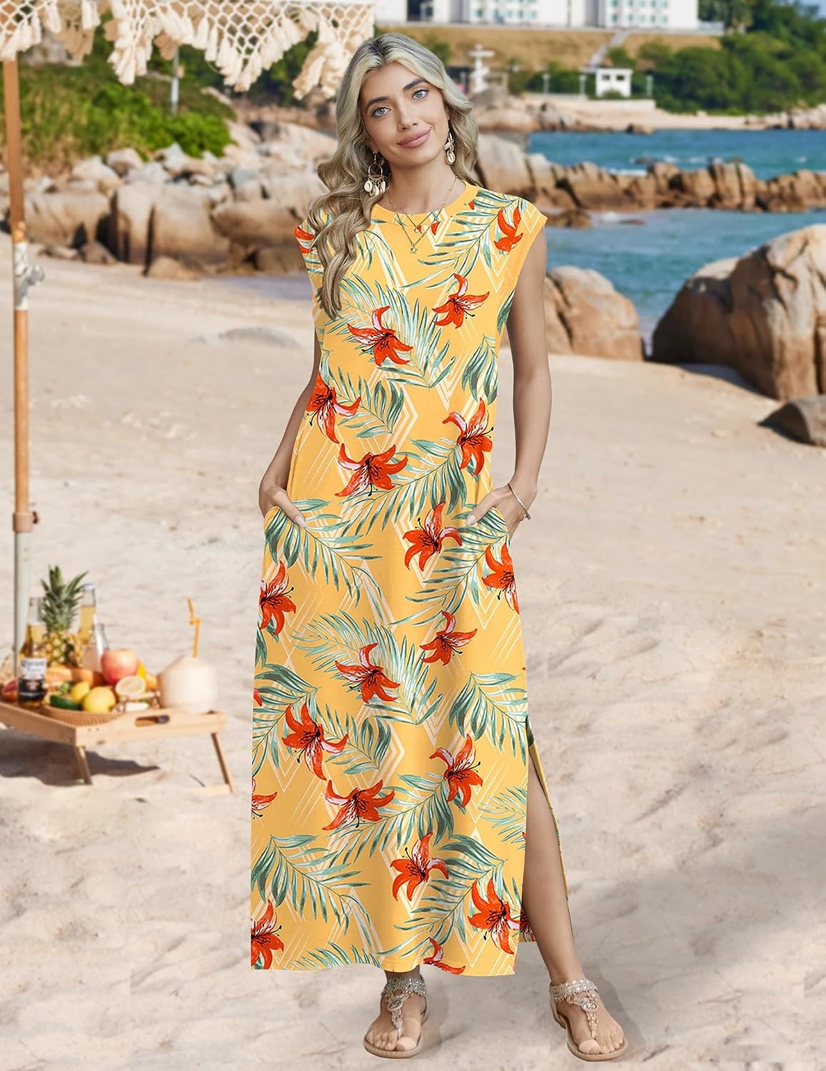 image:imageZeagoo Summer Dresses for Women 2026 Long Maxi Sundresses Loose Split WrinkleFree Beach Travel Vacation ClothesYellow Palm Leaf