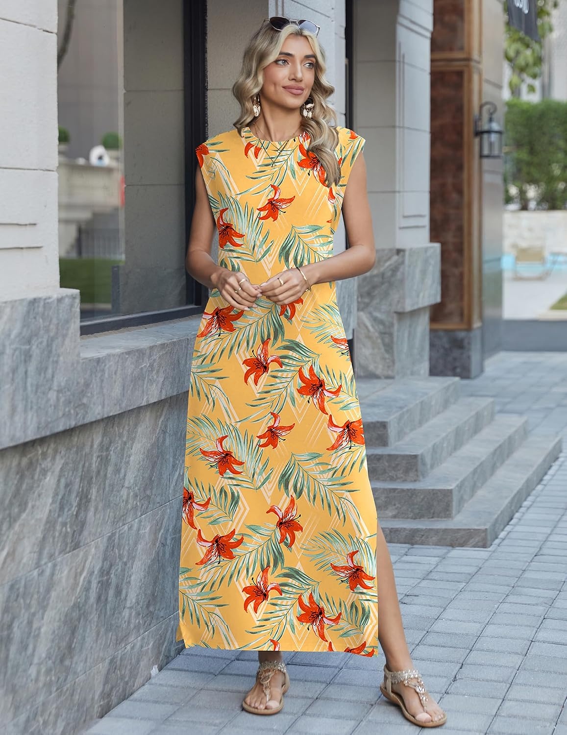 image:imageZeagoo Summer Dresses for Women 2026 Long Maxi Sundresses Loose Split WrinkleFree Beach Travel Vacation ClothesYellow Palm Leaf