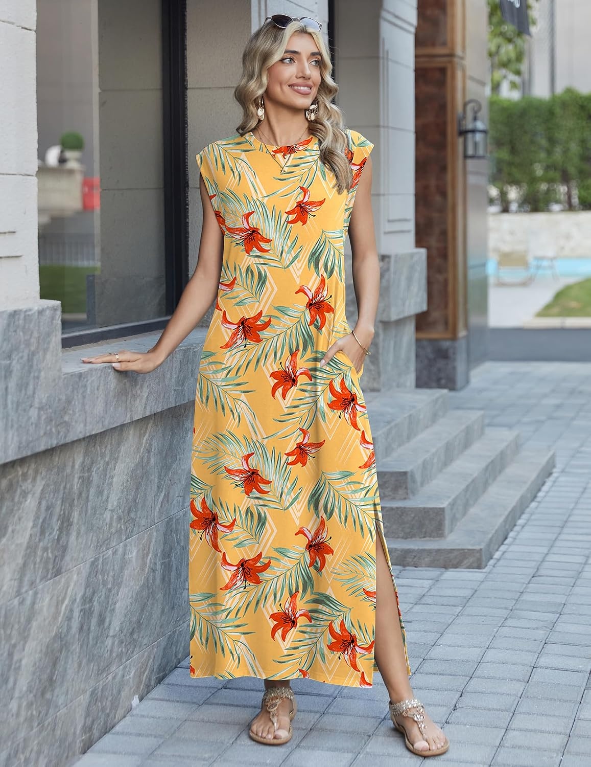 image:imageZeagoo Summer Dresses for Women 2026 Long Maxi Sundresses Loose Split WrinkleFree Beach Travel Vacation ClothesYellow Palm Leaf