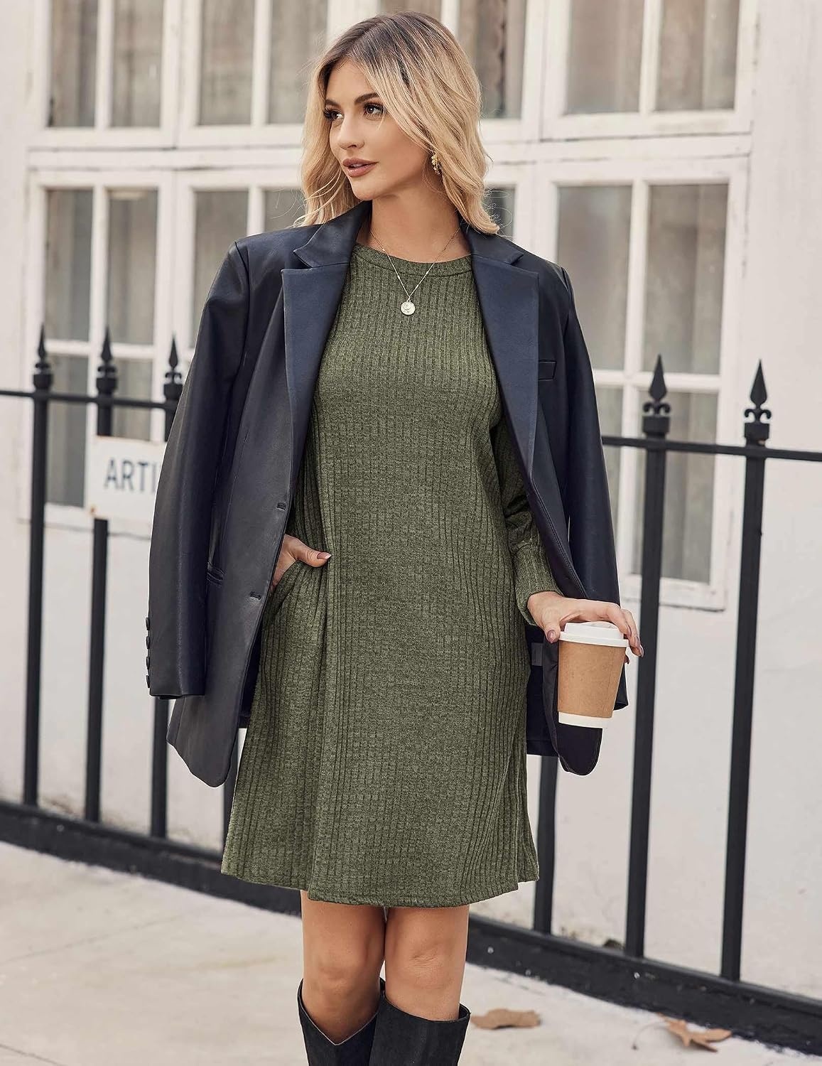 image:imageZeagoo Women Fall Winter Dress Knitted Pullover DressesArmy Green