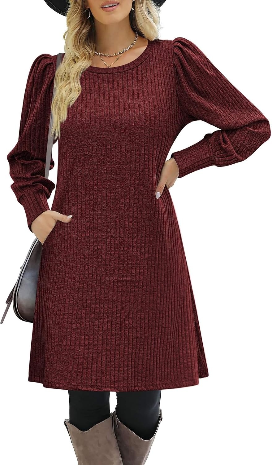 image:imageZeagoo Women Fall Winter Dress Knitted Pullover DressesBurgundy