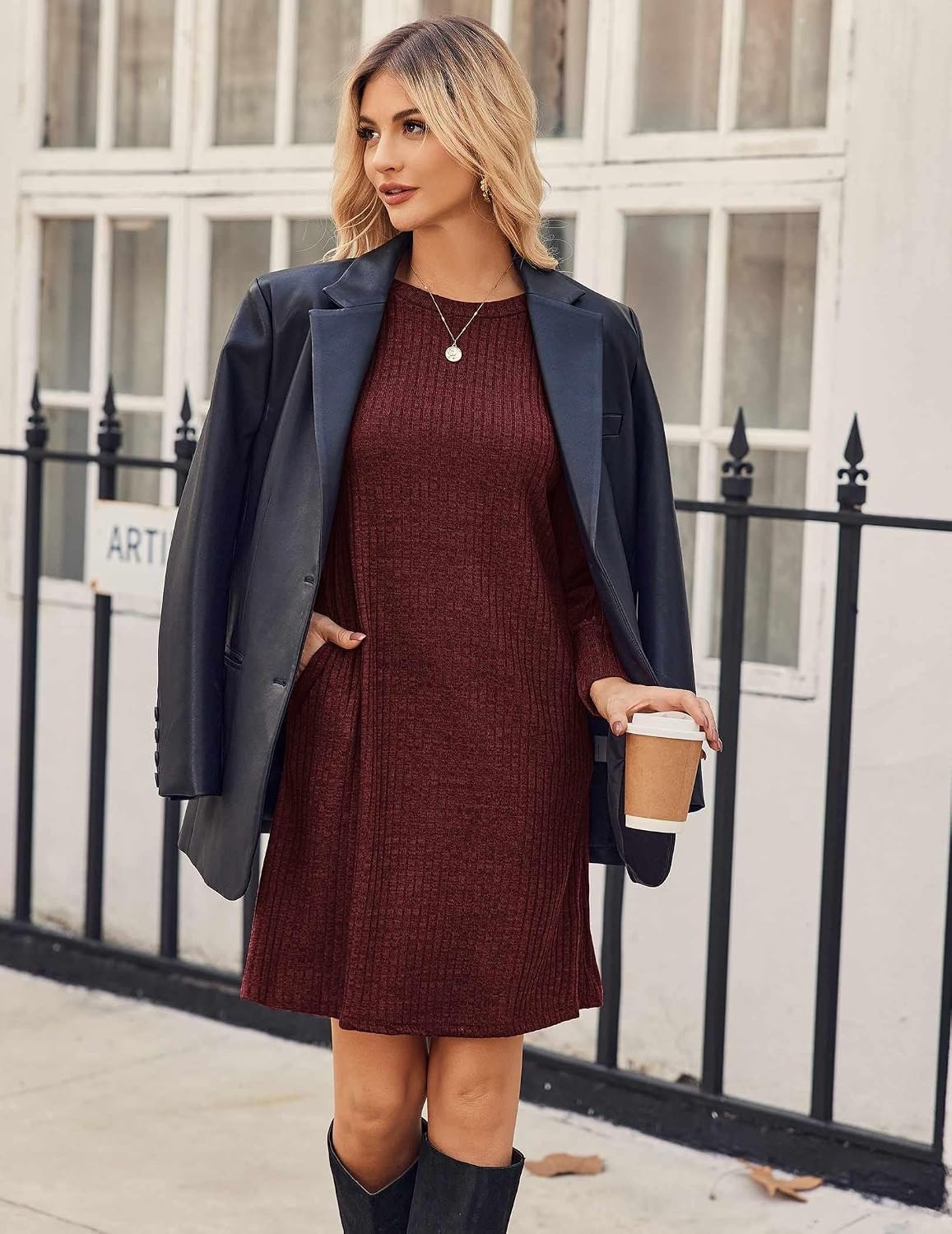 image:imageZeagoo Women Fall Winter Dress Knitted Pullover DressesBurgundy