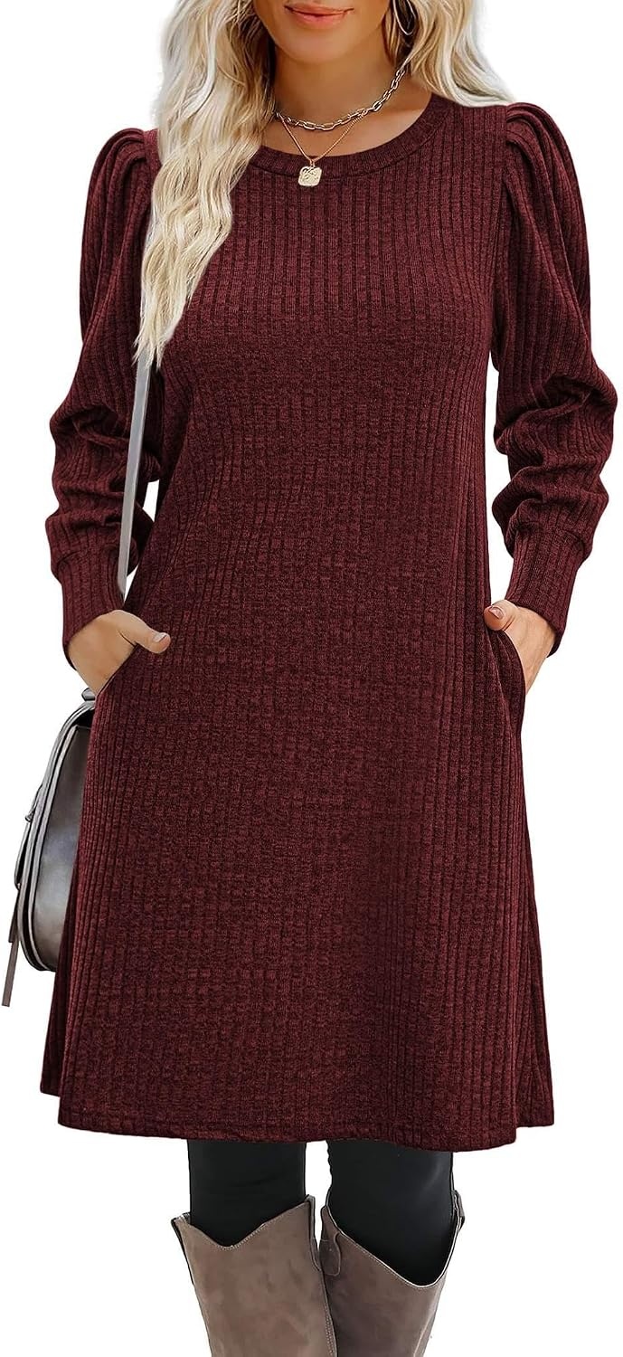 image:imageZeagoo Women Fall Winter Dress Knitted Pullover DressesBurgundy