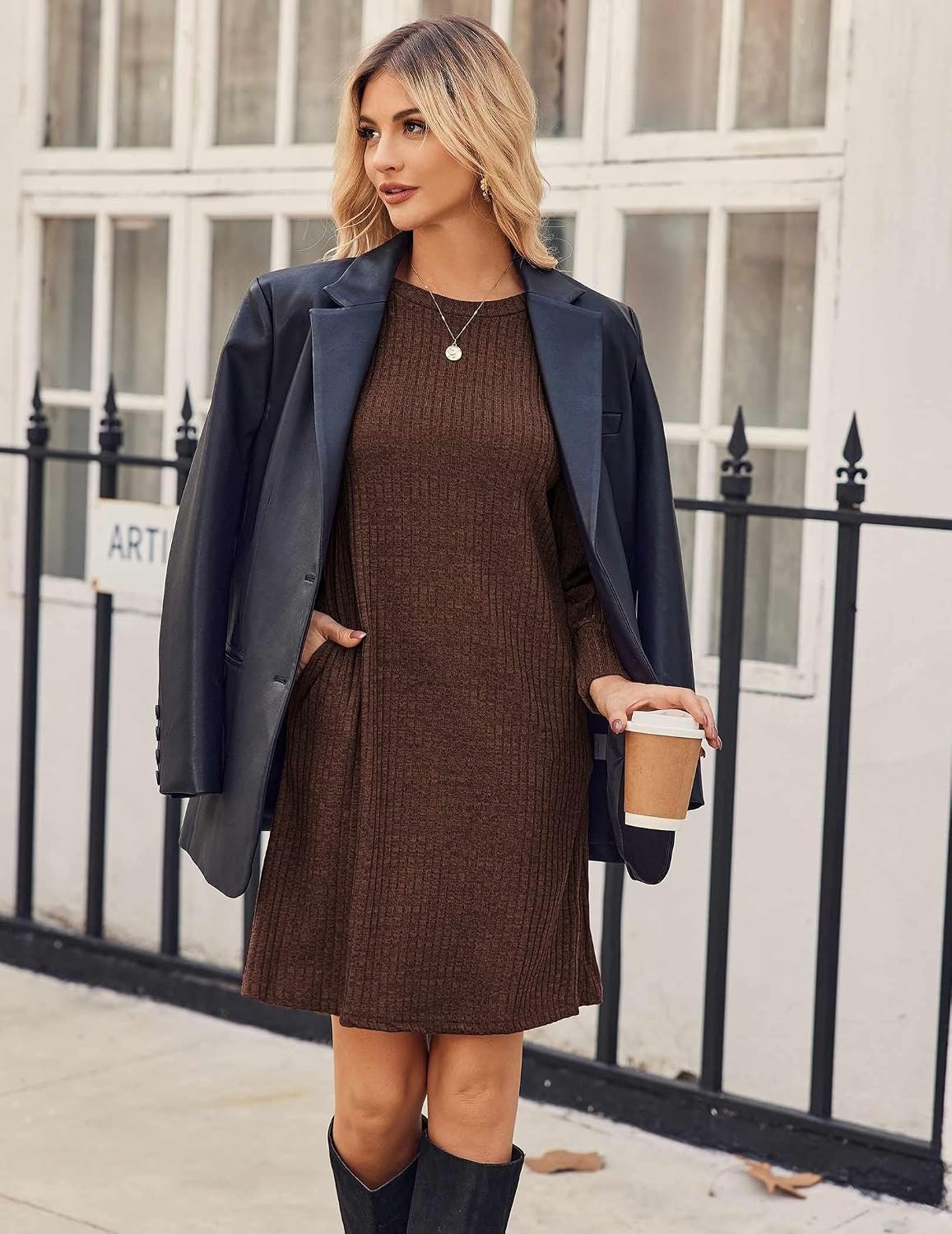 image:imageZeagoo Women Fall Winter Dress Knitted Pullover DressesCoffee