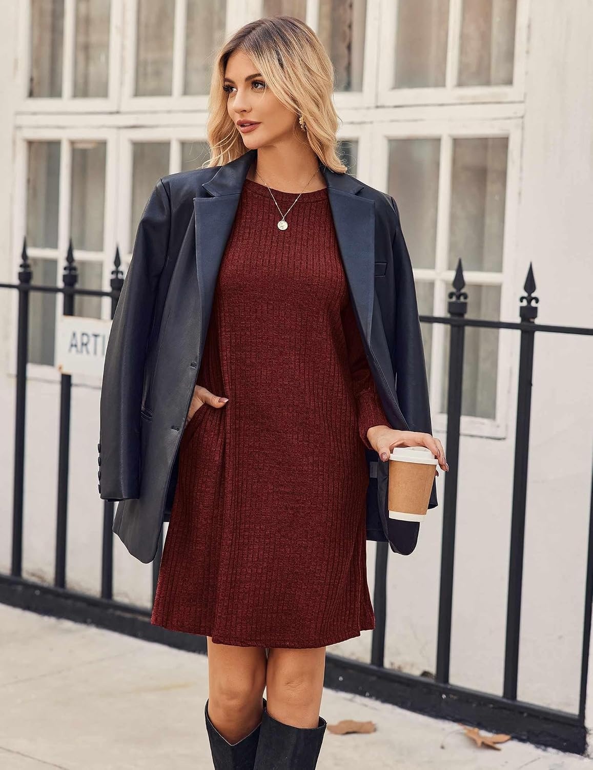 image:imageZeagoo Women Fall Winter Dress Knitted Pullover DressesDeep Red