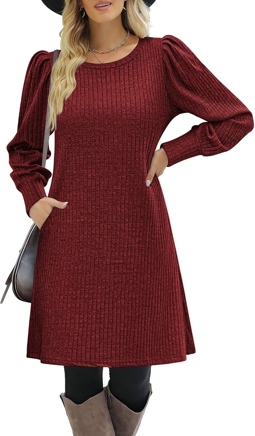 image:imageZeagoo Women Fall Winter Dress Knitted Pullover DressesDeep Red