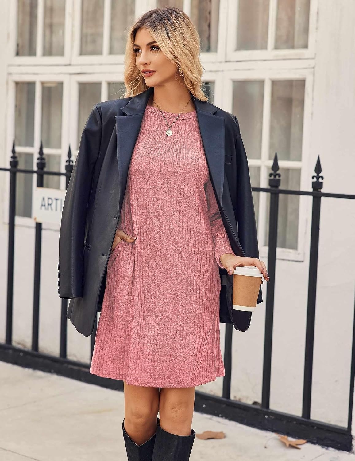 image:imageZeagoo Women Fall Winter Dress Knitted Pullover DressesLight Pink