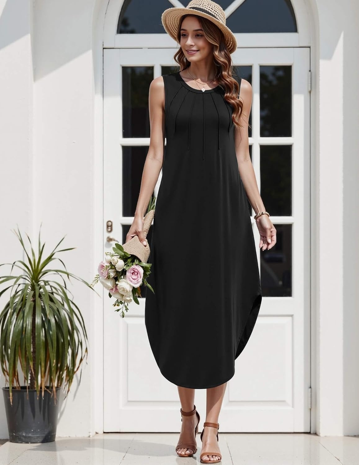 image:imageZeagoo Women Floral Summer Casual Beach Printed Tank Dress with Pockets Pleated Front Long Dress2601 Ablack