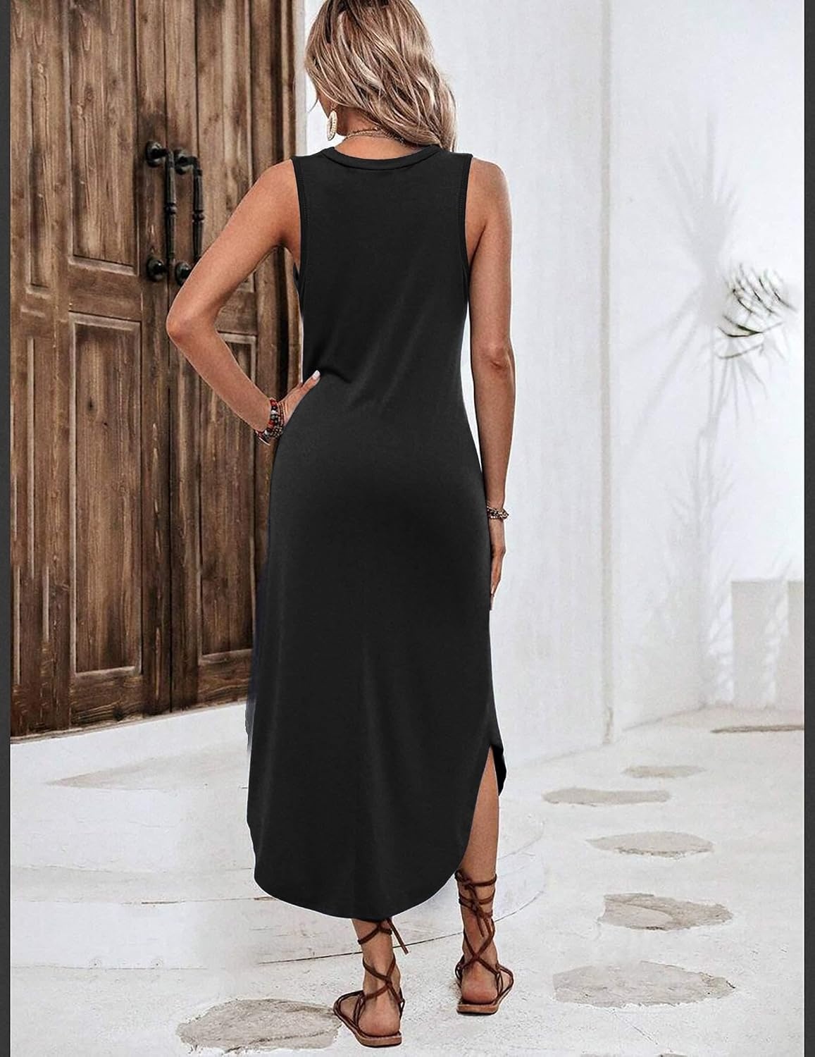 image:imageZeagoo Women Floral Summer Casual Beach Printed Tank Dress with Pockets Pleated Front Long Dress2601 Ablack