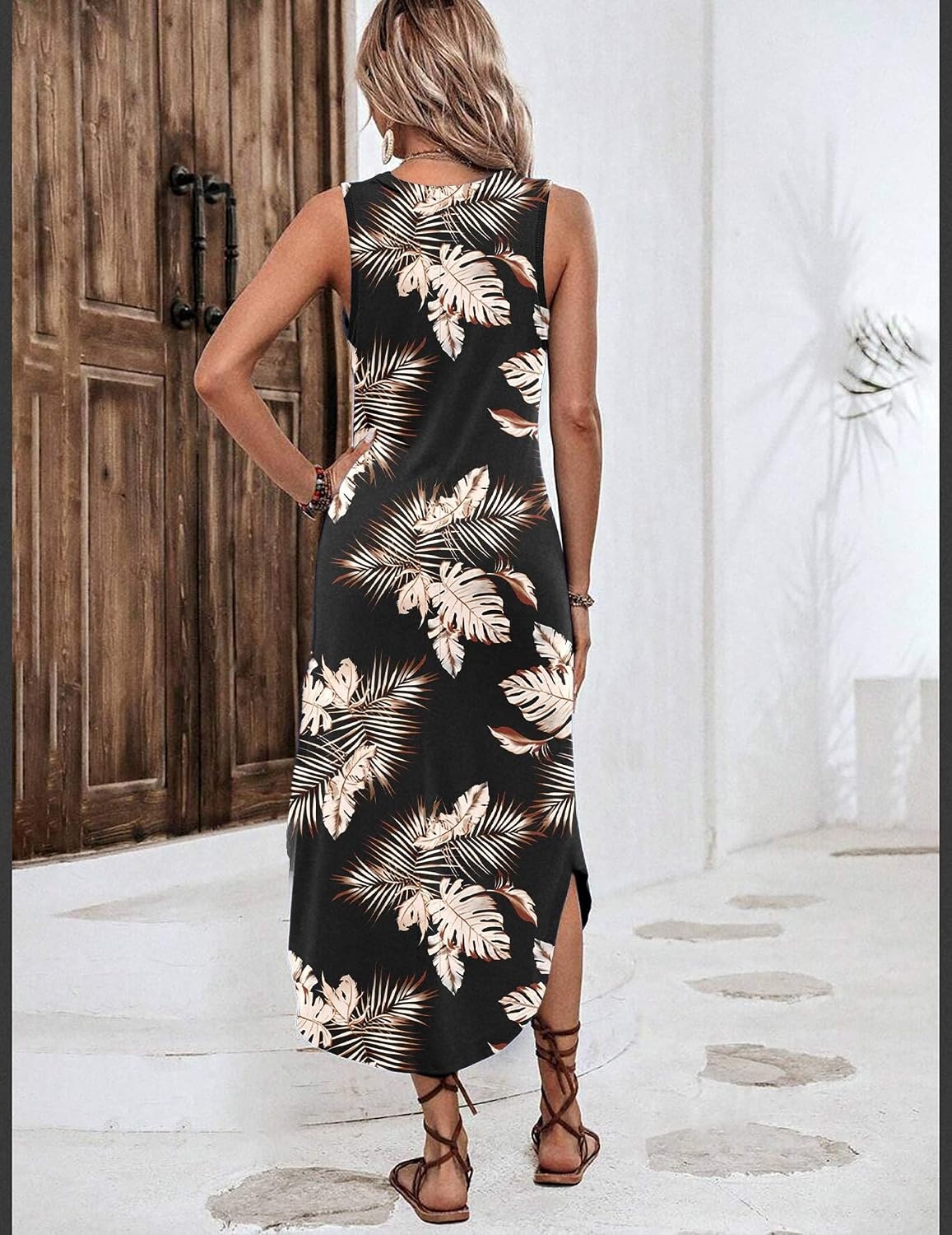 image:imageZeagoo Women Floral Summer Casual Beach Printed Tank Dress with Pockets Pleated Front Long Dress2601 Aleaf Black