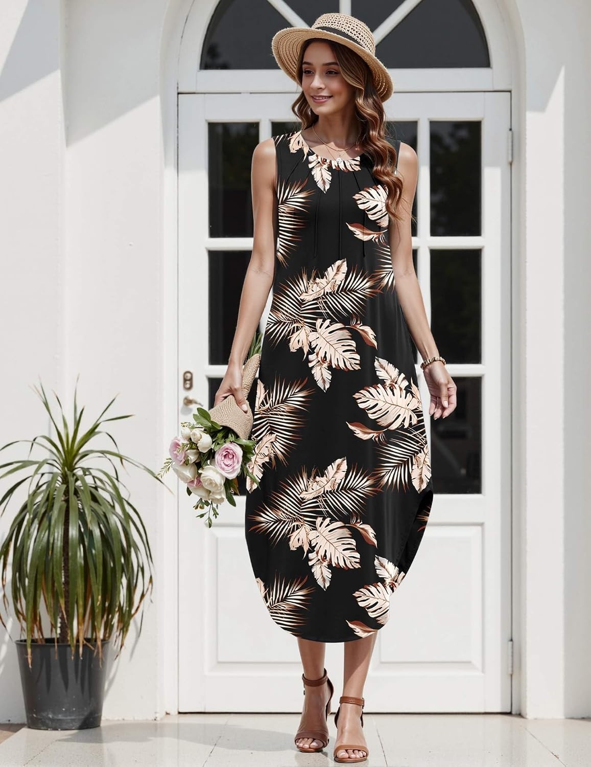 image:imageZeagoo Women Floral Summer Casual Beach Printed Tank Dress with Pockets Pleated Front Long Dress2601 Aleaf Black