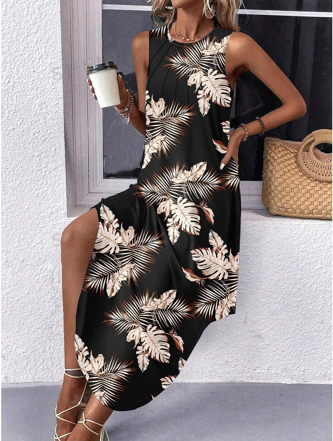 image:imageZeagoo Women Floral Summer Casual Beach Printed Tank Dress with Pockets Pleated Front Long Dress2601 Aleaf Black