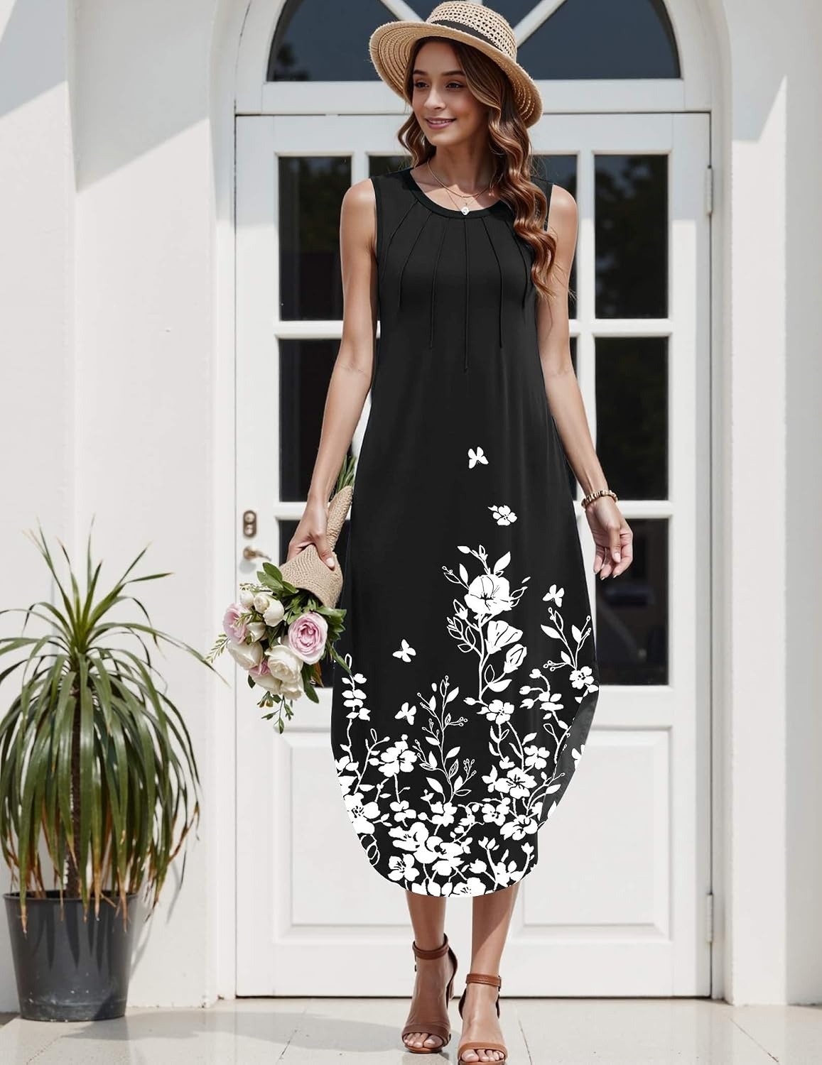 image:imageZeagoo Women Floral Summer Casual Beach Printed Tank Dress with Pockets Pleated Front Long Dress2602 Black Floral