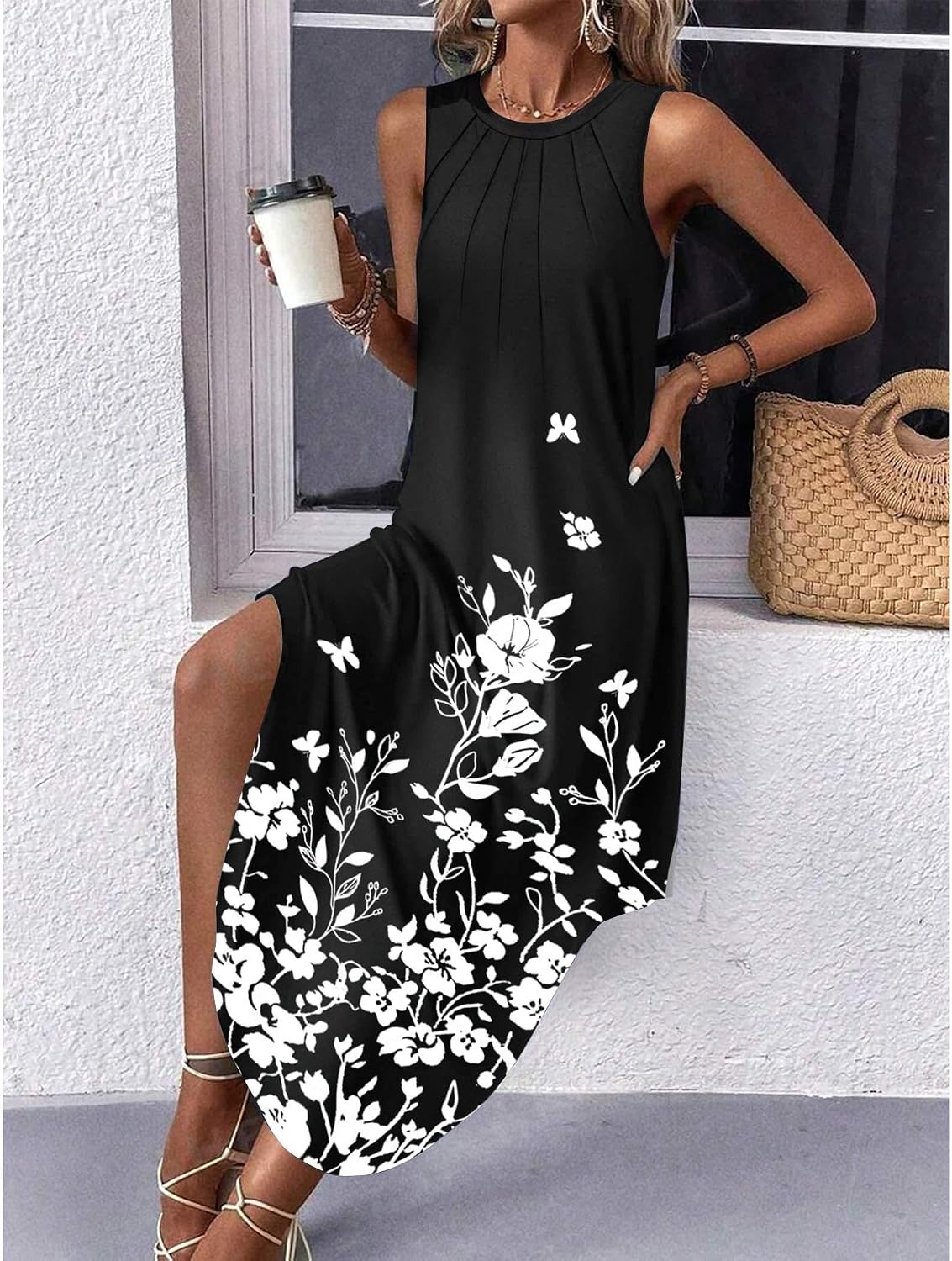 image:imageZeagoo Women Floral Summer Casual Beach Printed Tank Dress with Pockets Pleated Front Long Dress2602 Black Floral