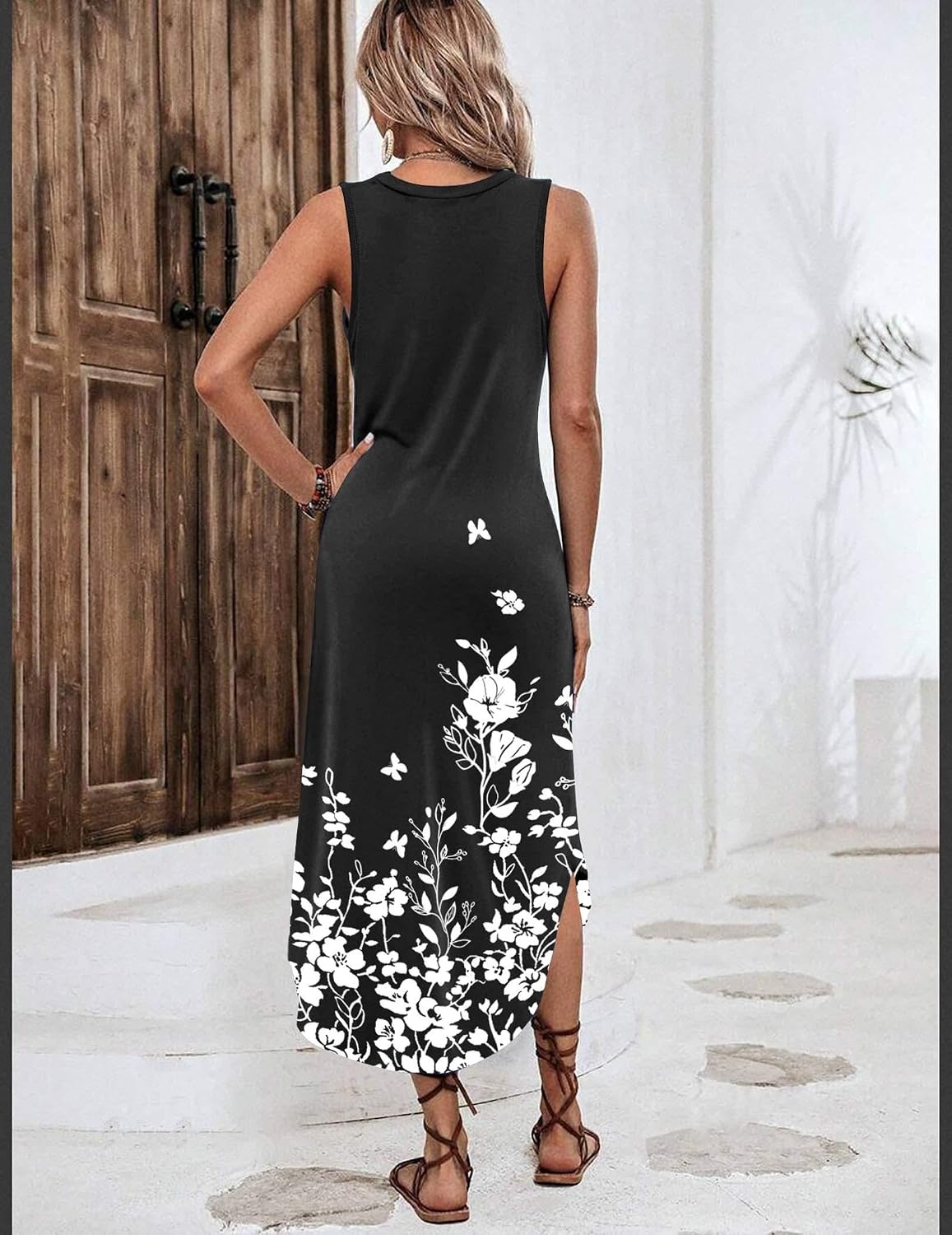 image:imageZeagoo Women Floral Summer Casual Beach Printed Tank Dress with Pockets Pleated Front Long Dress2602 Black Floral