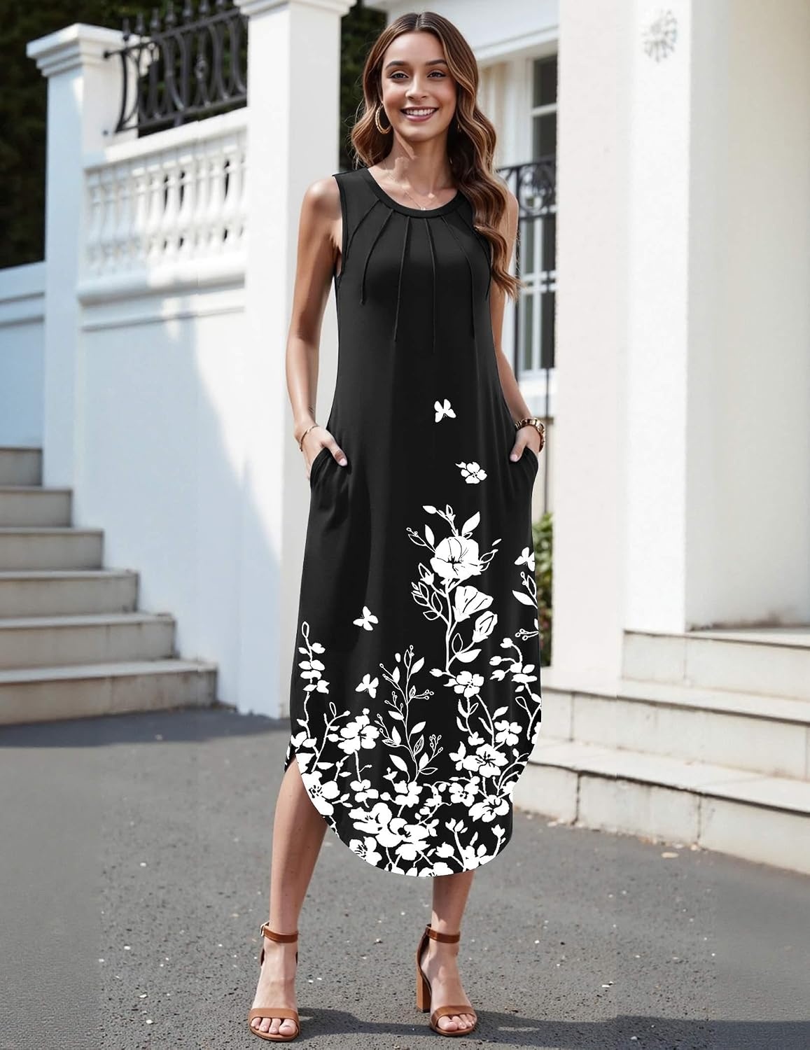 image:imageZeagoo Women Floral Summer Casual Beach Printed Tank Dress with Pockets Pleated Front Long Dress2602 Black Floral