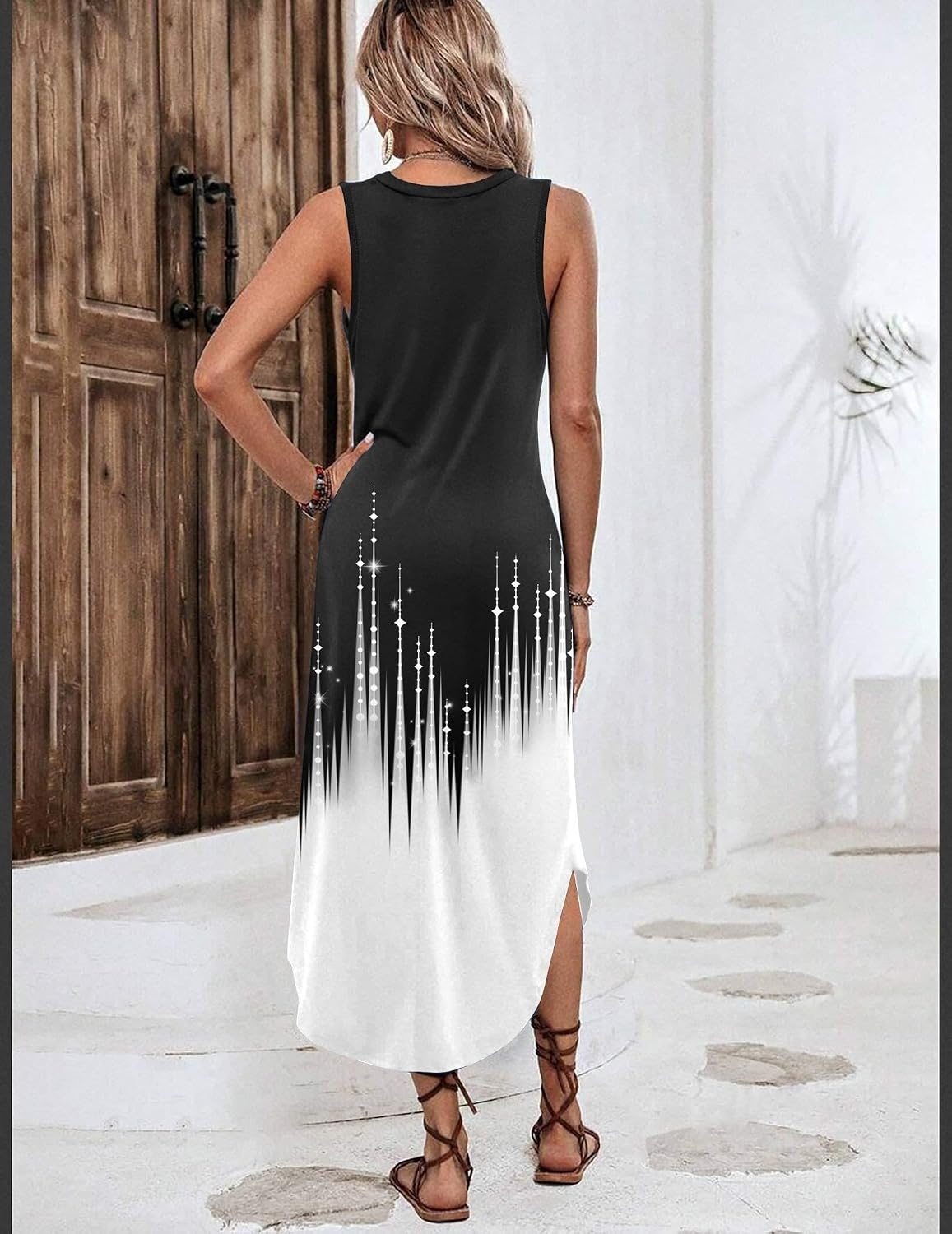 image:imageZeagoo Women Floral Summer Casual Beach Printed Tank Dress with Pockets Pleated Front Long Dress2602 Blackwhite