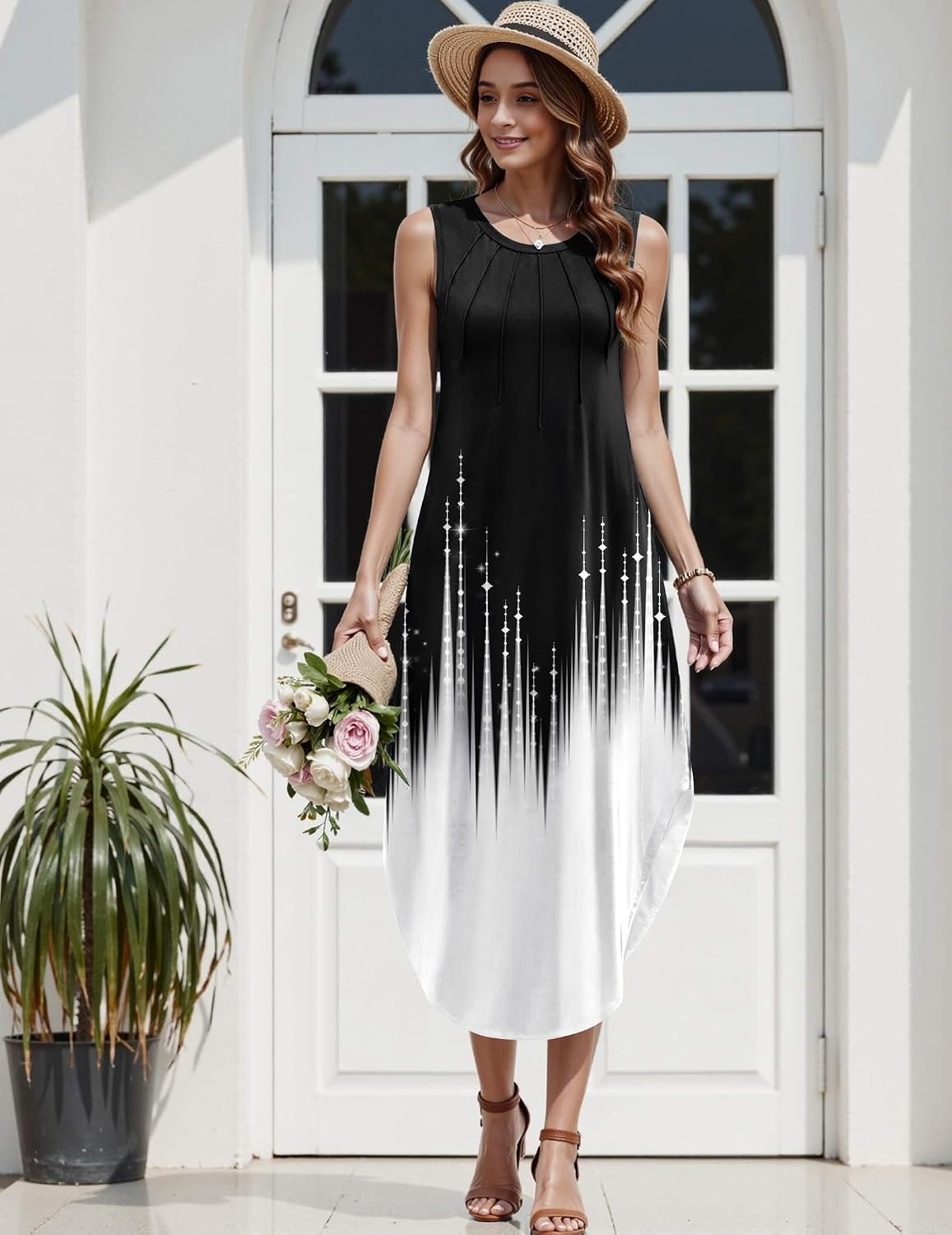 image:imageZeagoo Women Floral Summer Casual Beach Printed Tank Dress with Pockets Pleated Front Long Dress2602 Blackwhite