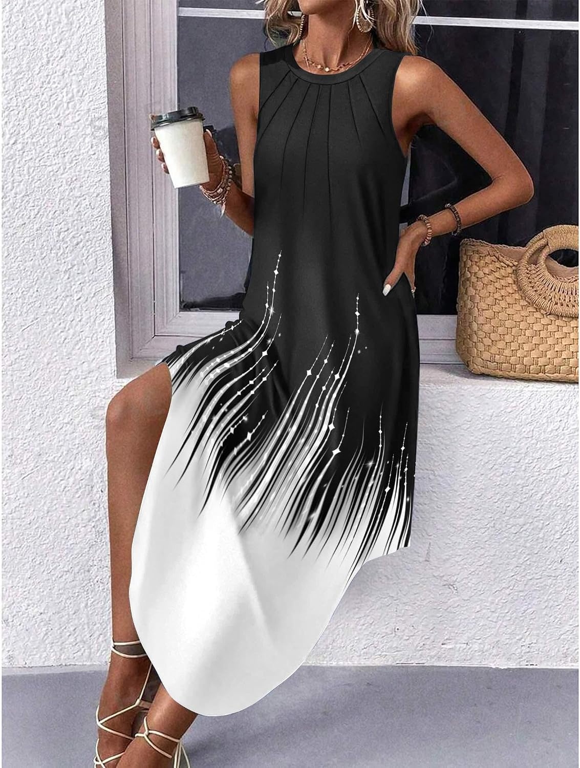 image:imageZeagoo Women Floral Summer Casual Beach Printed Tank Dress with Pockets Pleated Front Long Dress2602 Blackwhite