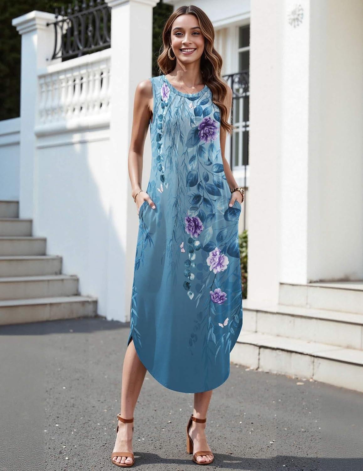 image:imageZeagoo Women Floral Summer Casual Beach Printed Tank Dress with Pockets Pleated Front Long Dress2602 Blue Floral