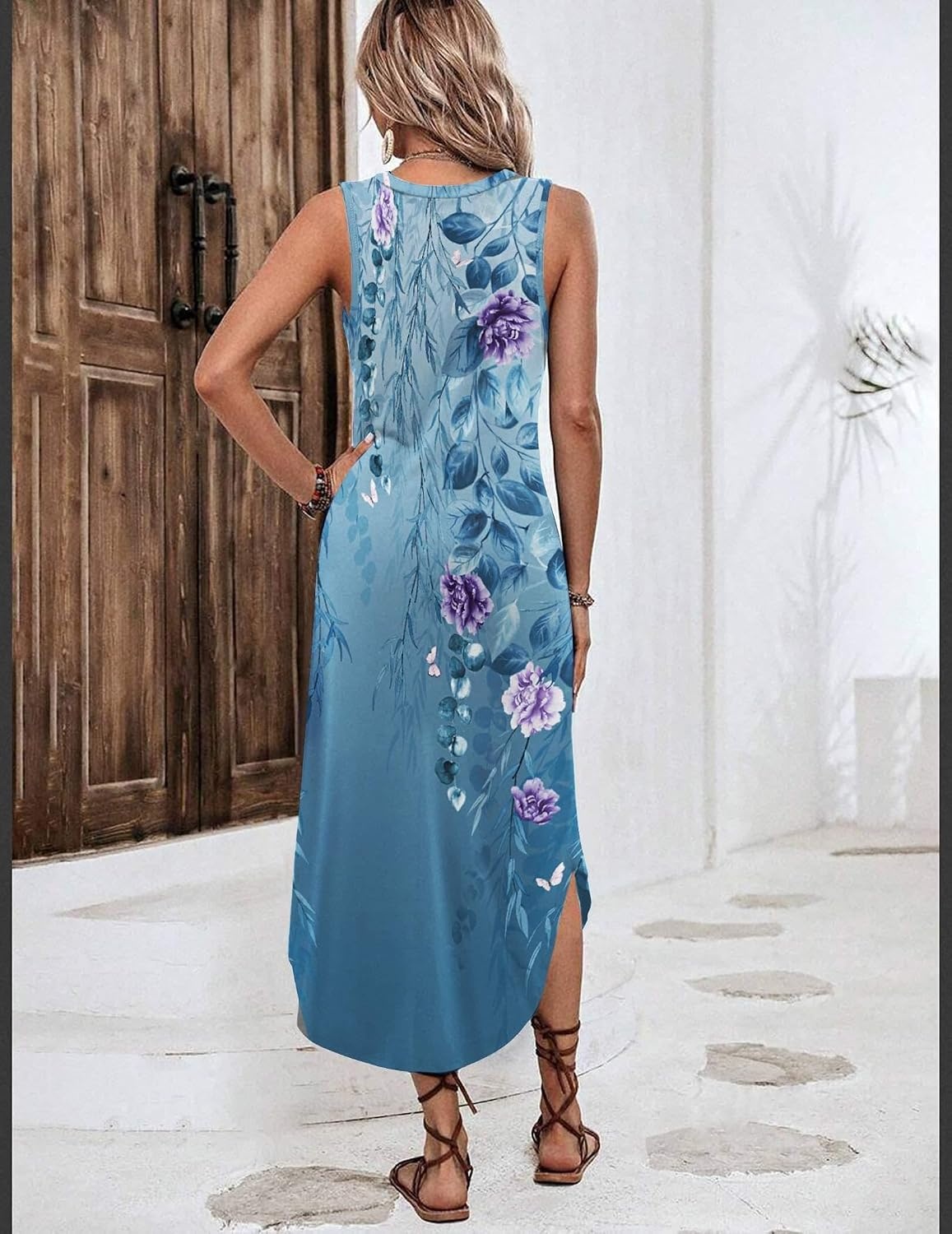 image:imageZeagoo Women Floral Summer Casual Beach Printed Tank Dress with Pockets Pleated Front Long Dress2602 Blue Floral