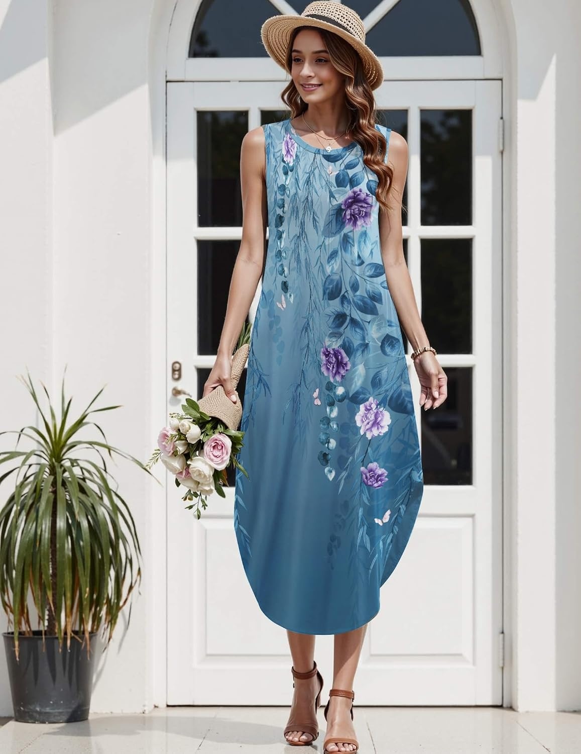 image:imageZeagoo Women Floral Summer Casual Beach Printed Tank Dress with Pockets Pleated Front Long Dress2602 Blue Floral