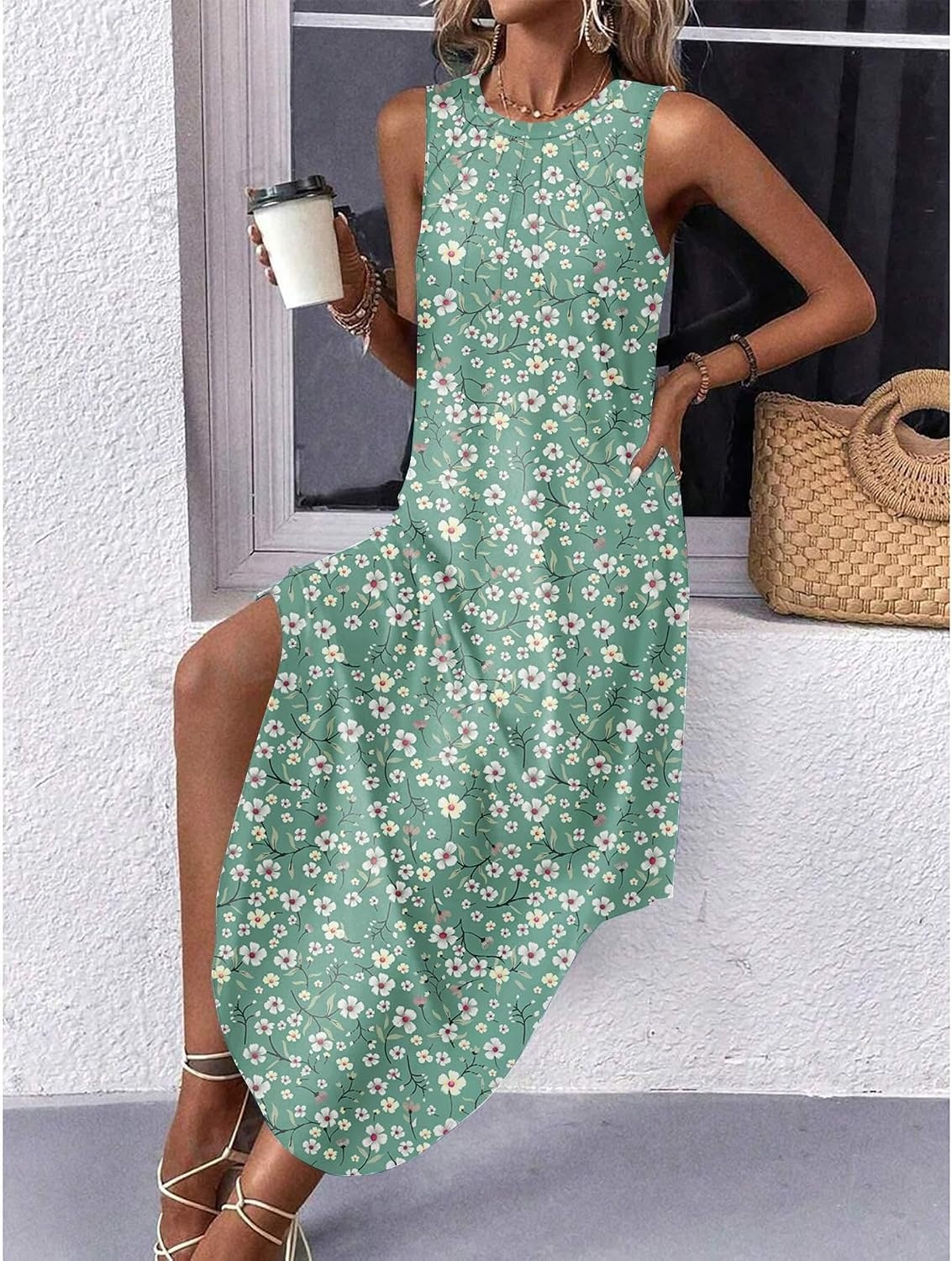 image:imageZeagoo Women Floral Summer Casual Beach Printed Tank Dress with Pockets Pleated Front Long Dress2602 Green Floral