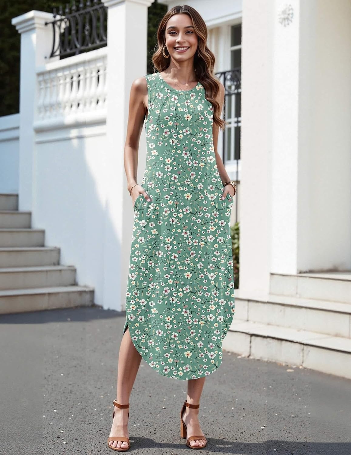 image:imageZeagoo Women Floral Summer Casual Beach Printed Tank Dress with Pockets Pleated Front Long Dress2602 Green Floral