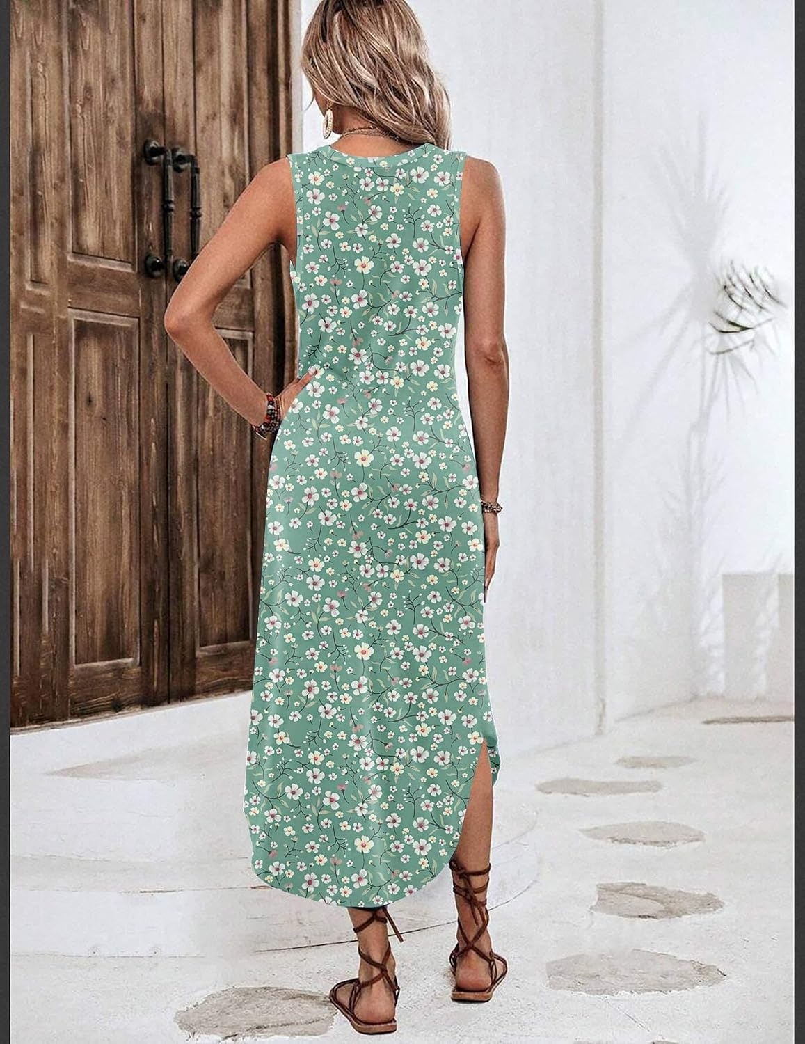 image:imageZeagoo Women Floral Summer Casual Beach Printed Tank Dress with Pockets Pleated Front Long Dress2602 Green Floral