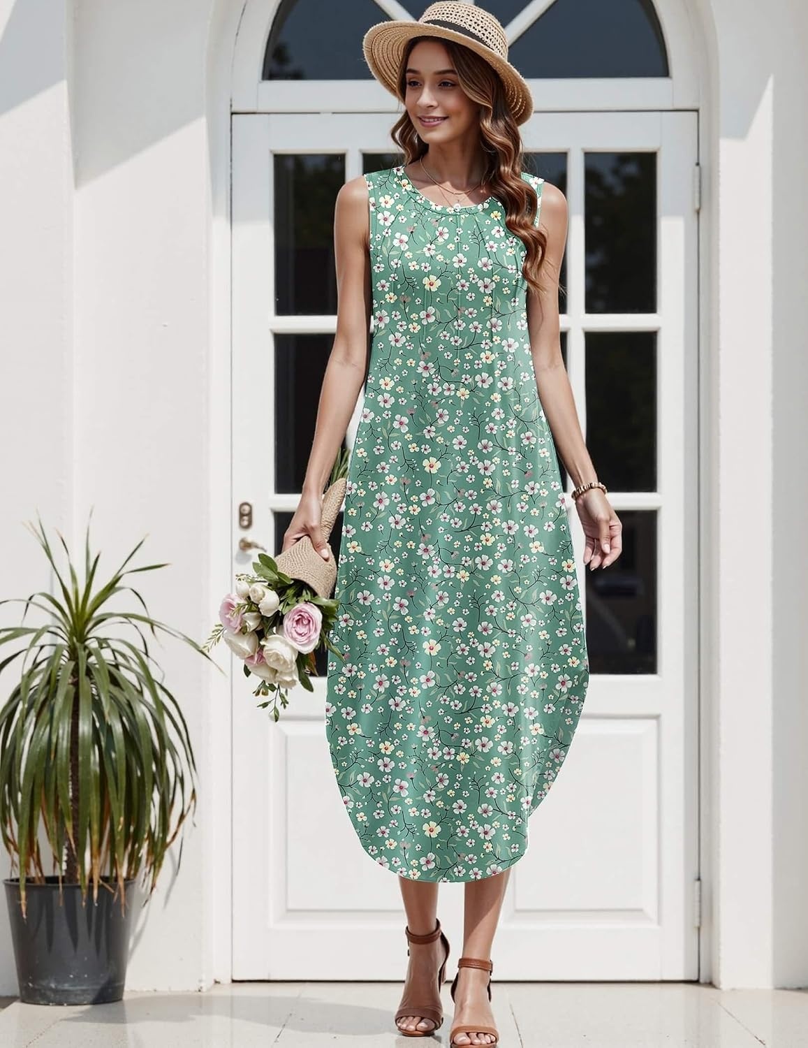 image:imageZeagoo Women Floral Summer Casual Beach Printed Tank Dress with Pockets Pleated Front Long Dress2602 Green Floral