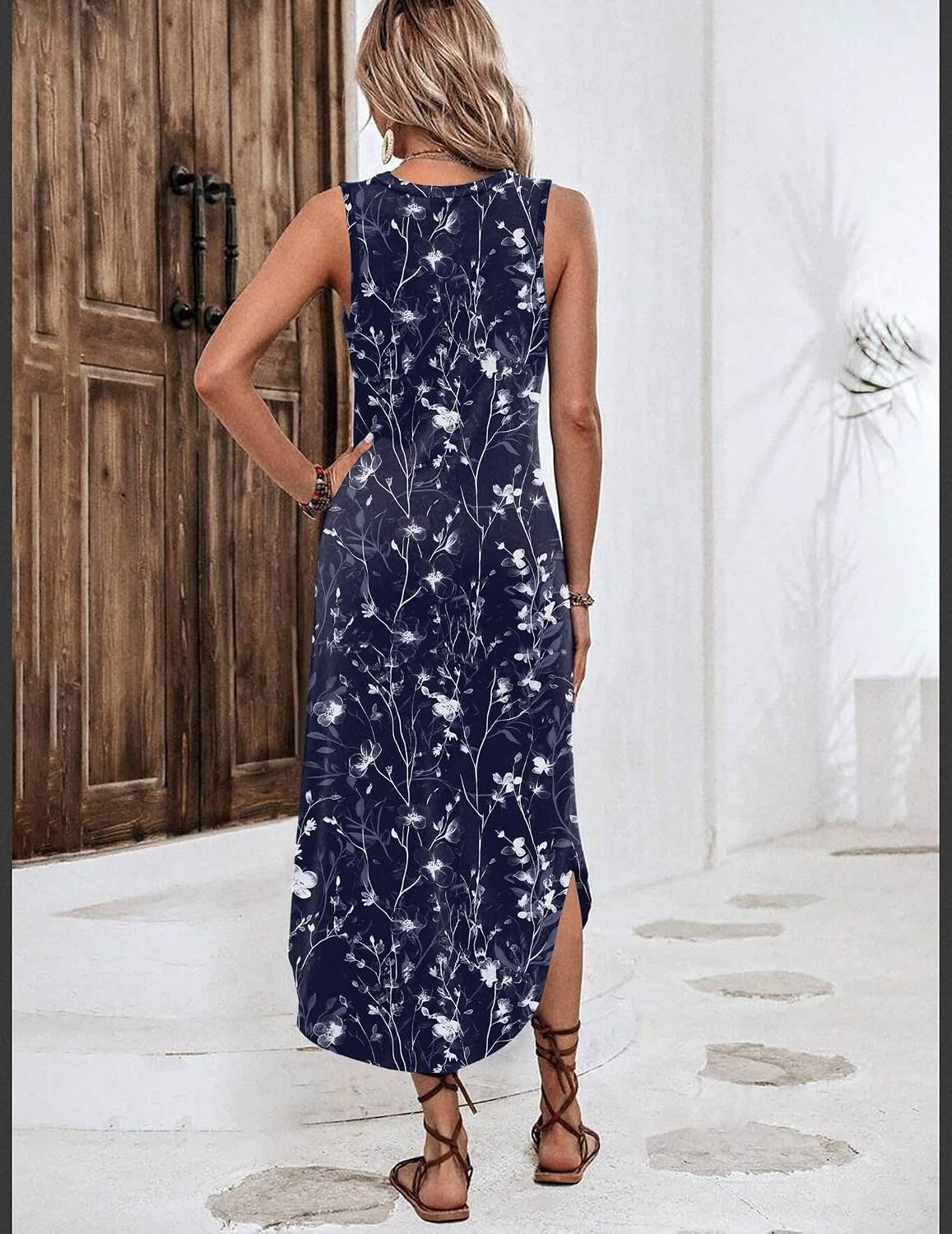 image:imageZeagoo Women Floral Summer Casual Beach Printed Tank Dress with Pockets Pleated Front Long Dress2602 Navy Floral