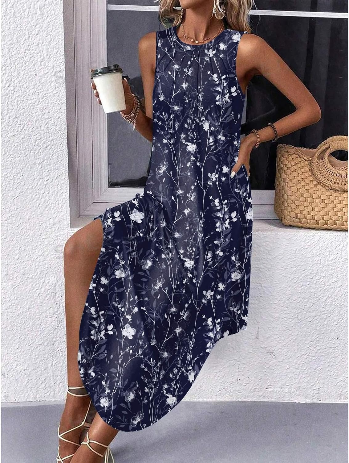 image:imageZeagoo Women Floral Summer Casual Beach Printed Tank Dress with Pockets Pleated Front Long Dress2602 Navy Floral
