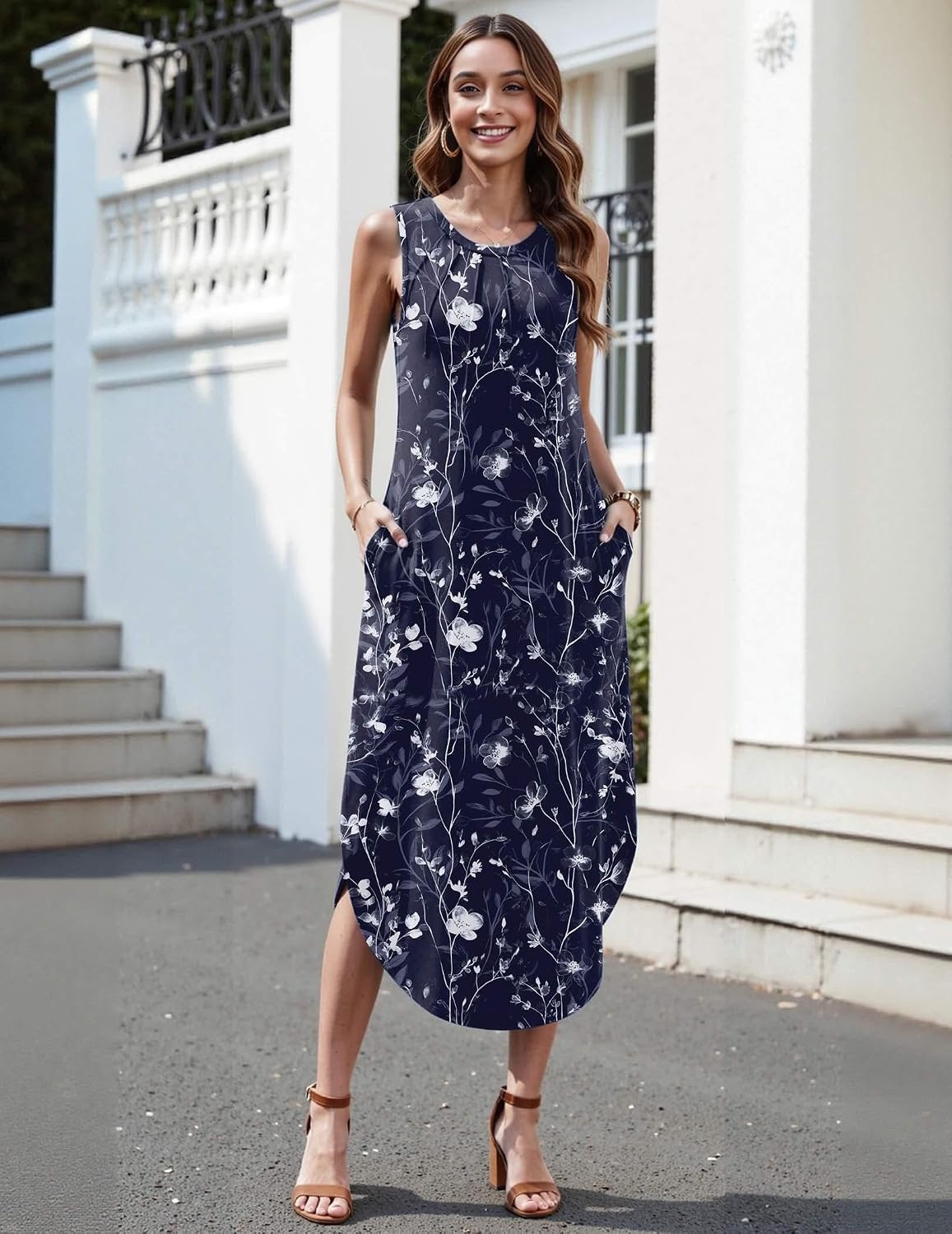 image:imageZeagoo Women Floral Summer Casual Beach Printed Tank Dress with Pockets Pleated Front Long Dress2602 Navy Floral