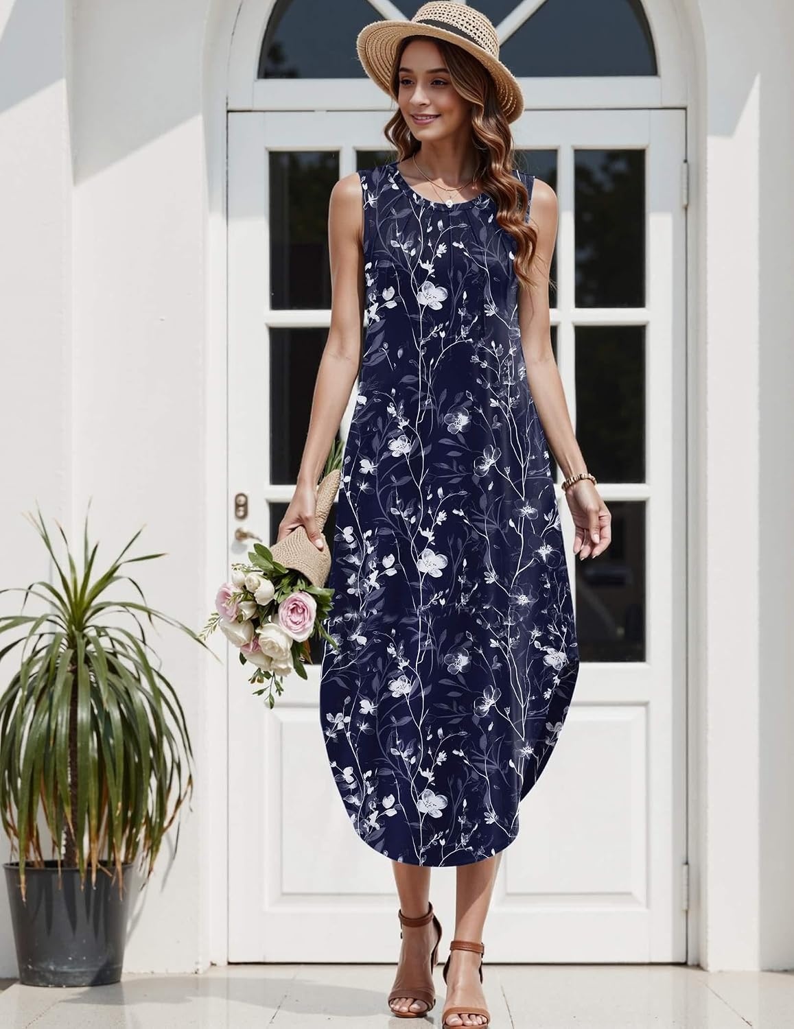 image:imageZeagoo Women Floral Summer Casual Beach Printed Tank Dress with Pockets Pleated Front Long Dress2602 Navy Floral