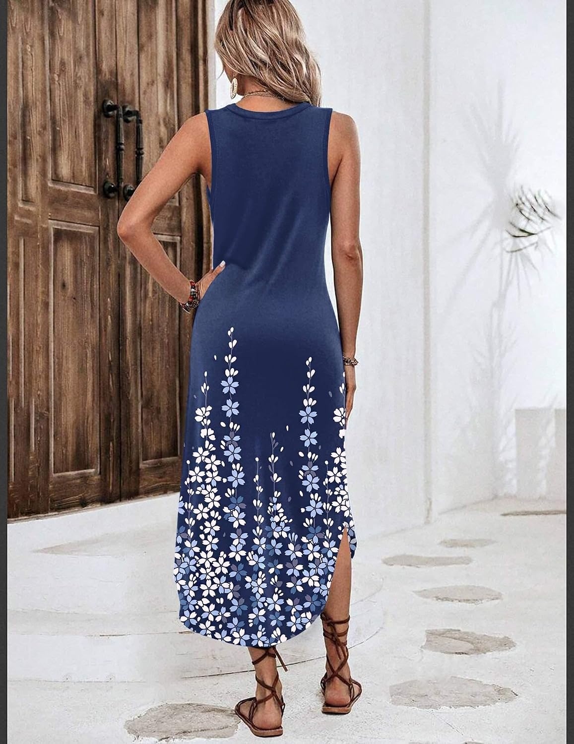 image:imageZeagoo Women Floral Summer Casual Beach Printed Tank Dress with Pockets Pleated Front Long Dress2602 Navy Printed