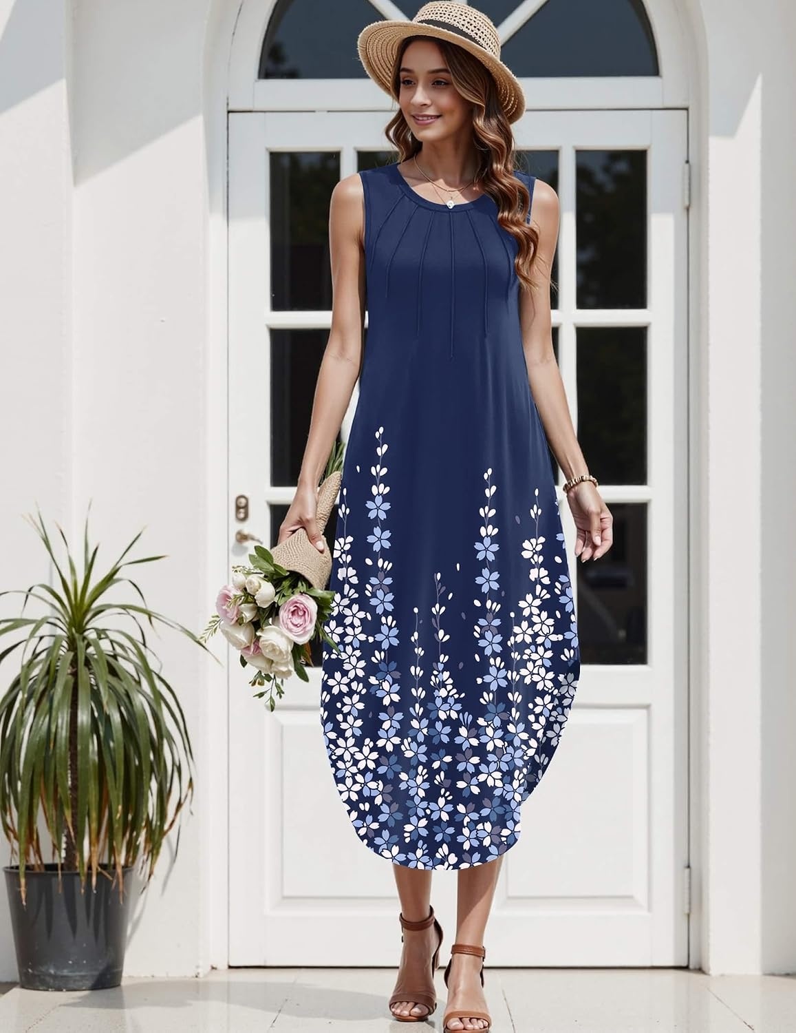 image:imageZeagoo Women Floral Summer Casual Beach Printed Tank Dress with Pockets Pleated Front Long Dress2602 Navy Printed