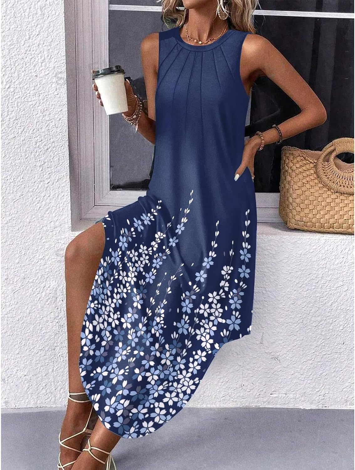 image:imageZeagoo Women Floral Summer Casual Beach Printed Tank Dress with Pockets Pleated Front Long Dress2602 Navy Printed